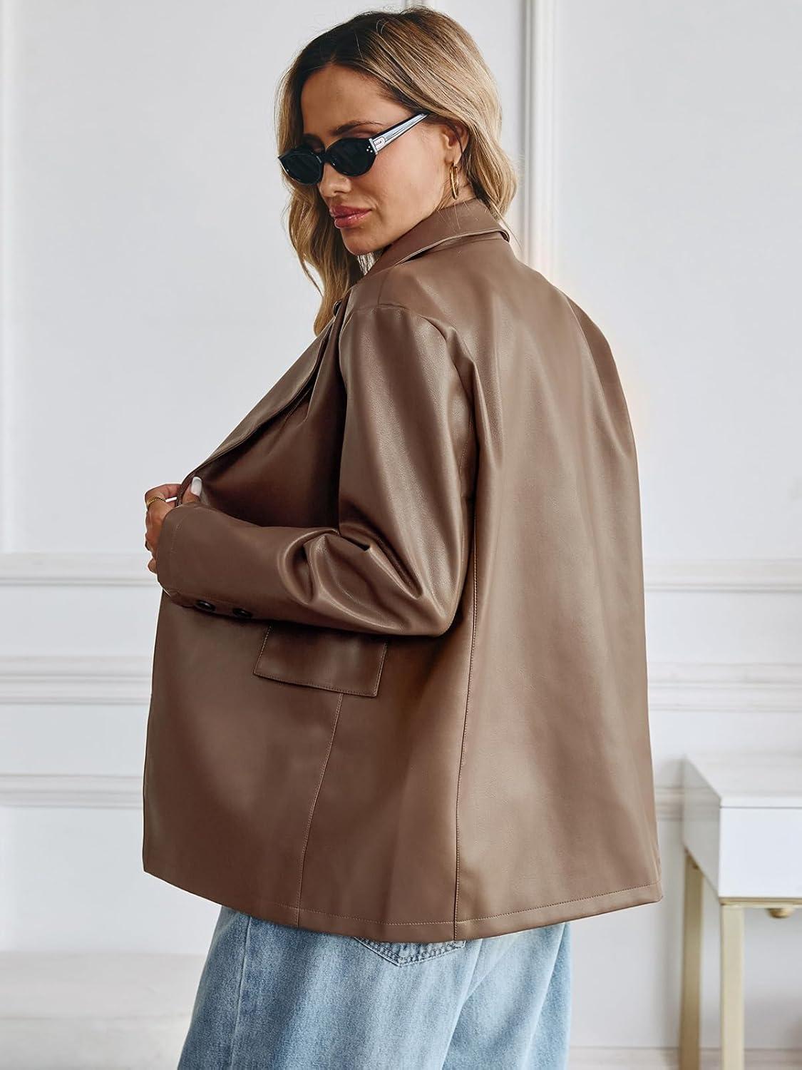 imageKateModa Womens Faux Leather Blazer Oversized Bomber Winter Coat Motocycle Button Down Fall Jackets with PocketsKhaki