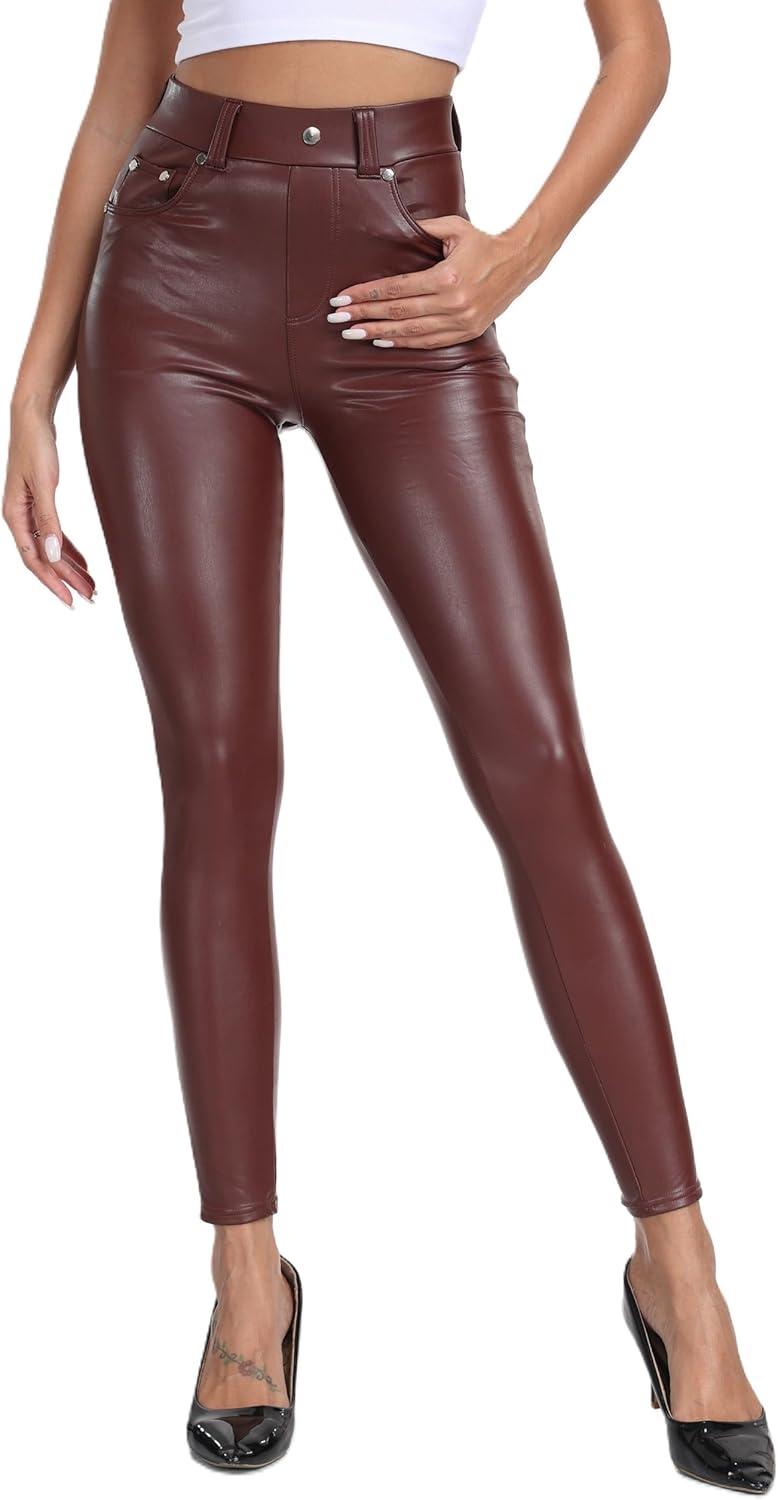 imageKotii Womens Soft Faux Leather Leggings High Waisted Leather Pants PU Slim Pleather Pants TightsFleece Lined With Pockets823brown