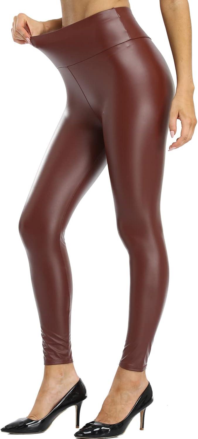 imageKotii Womens Soft Faux Leather Leggings High Waisted Leather Pants PU Slim Pleather Pants TightsFleece Lined816brown