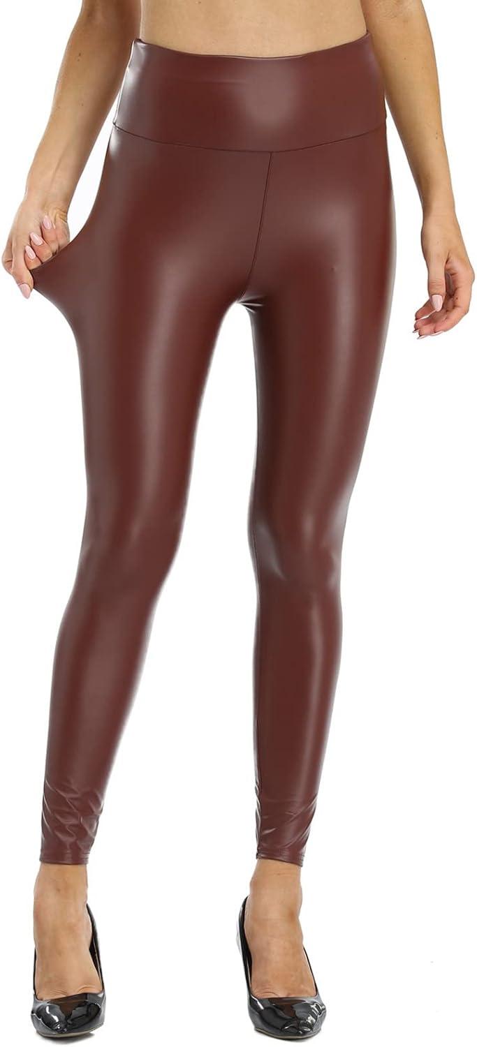 imageKotii Womens Soft Faux Leather Leggings High Waisted Leather Pants PU Slim Pleather Pants TightsFleece Lined816brown