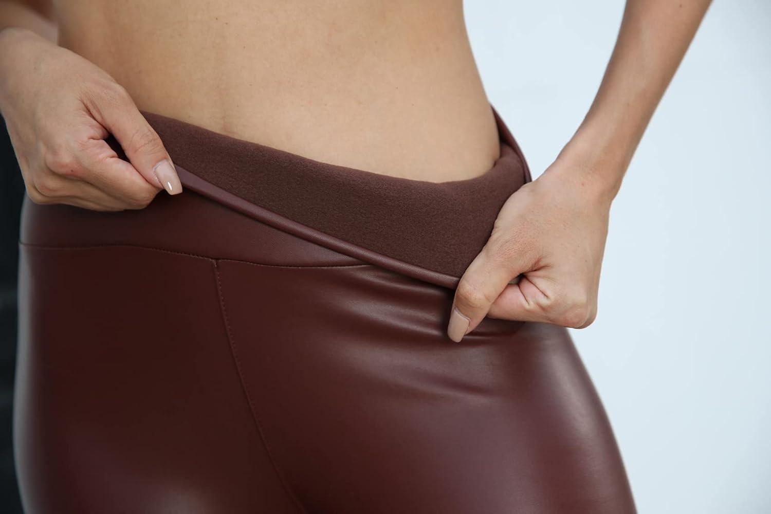 imageKotii Womens Soft Faux Leather Leggings High Waisted Leather Pants PU Slim Pleather Pants TightsFleece Lined816brown