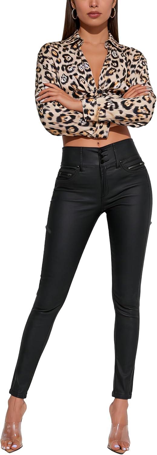 imageLover Premium Womens Faux Leather Stretchy Skinny Jeggings Coated Faux Leather Legging Pants Mid WaistedBlack