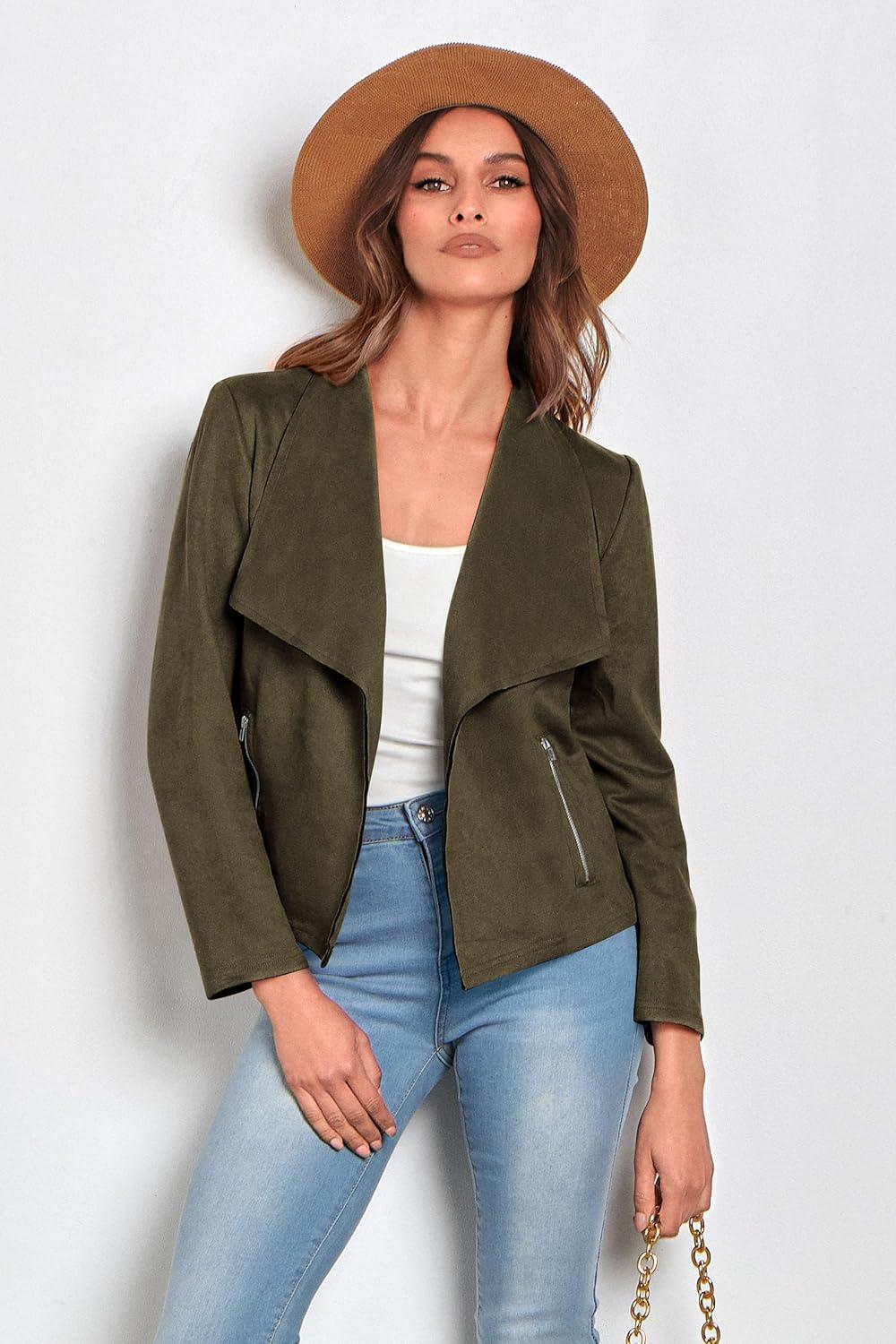 imagePRETTYGARDEN Womens Faux Suede Jackets 2026 Fashion Fall Clothes Long Sleeve Open Front Cropped Coat OutwearArmy Green
