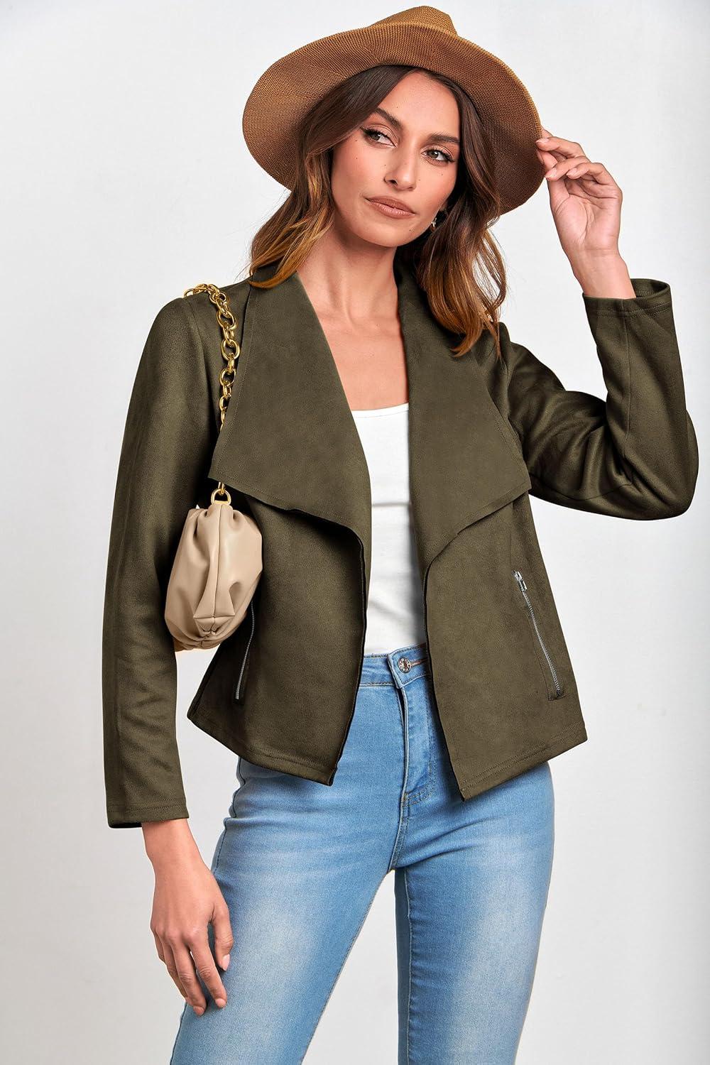 imagePRETTYGARDEN Womens Faux Suede Jackets 2026 Fashion Fall Clothes Long Sleeve Open Front Cropped Coat OutwearArmy Green
