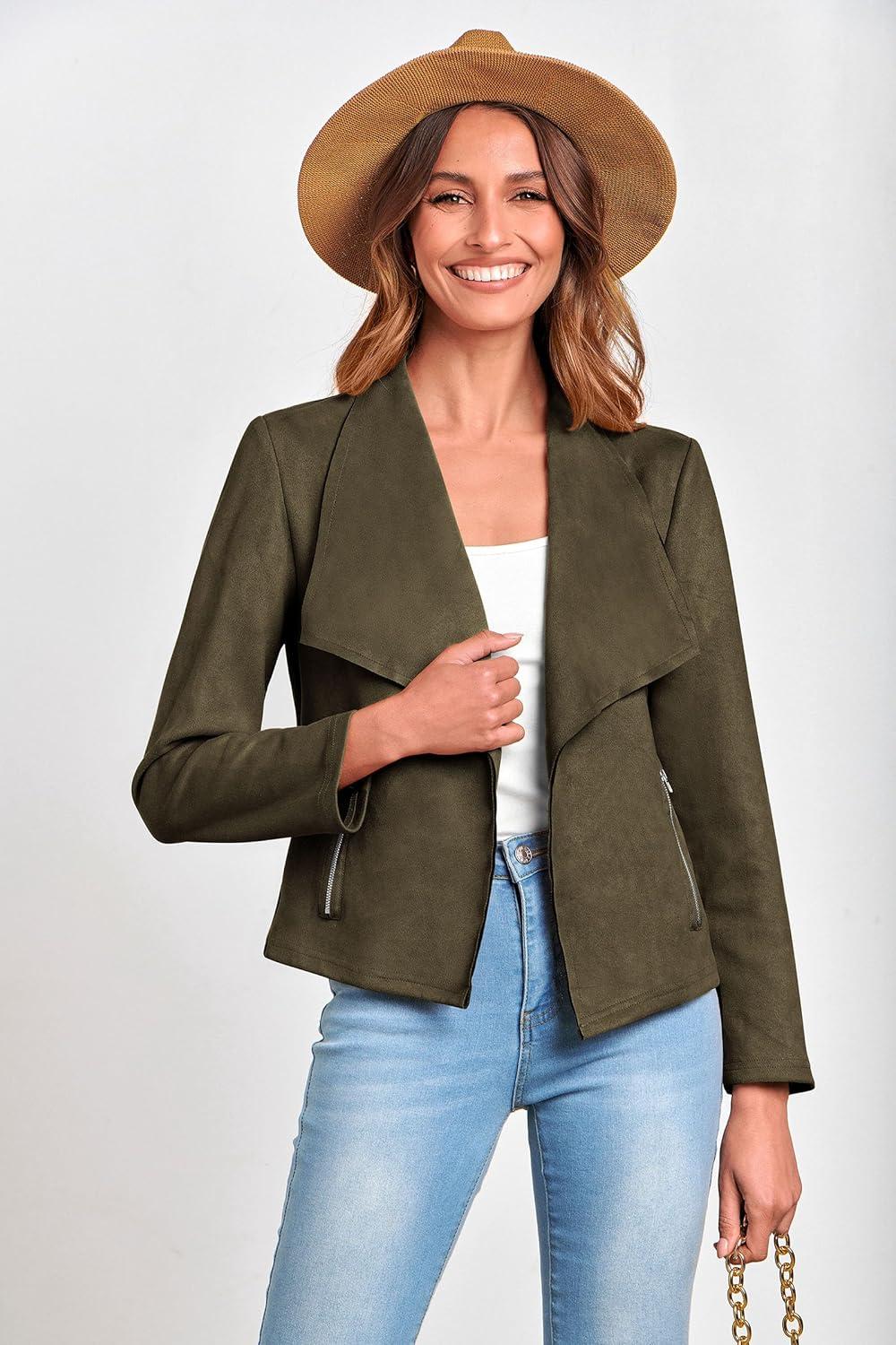 imagePRETTYGARDEN Womens Faux Suede Jackets 2026 Fashion Fall Clothes Long Sleeve Open Front Cropped Coat OutwearArmy Green