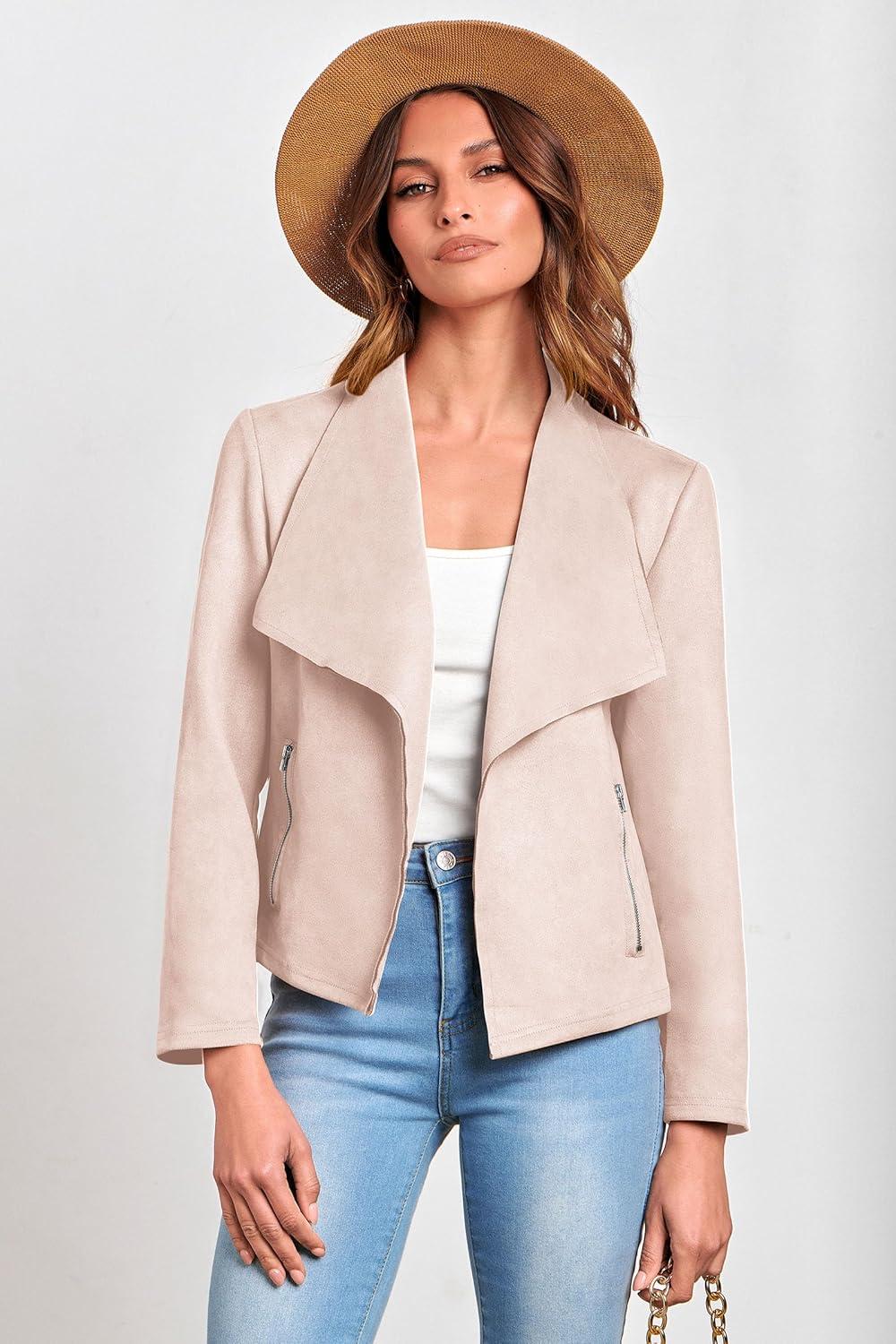 imagePRETTYGARDEN Womens Faux Suede Jackets 2026 Fashion Fall Clothes Long Sleeve Open Front Cropped Coat OutwearBeige Apricot