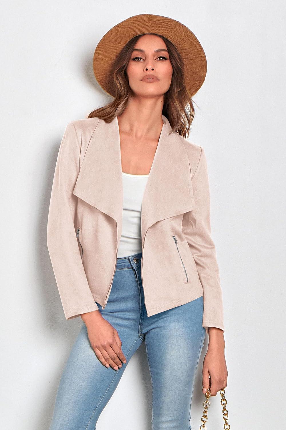 imagePRETTYGARDEN Womens Faux Suede Jackets 2026 Fashion Fall Clothes Long Sleeve Open Front Cropped Coat OutwearBeige Apricot