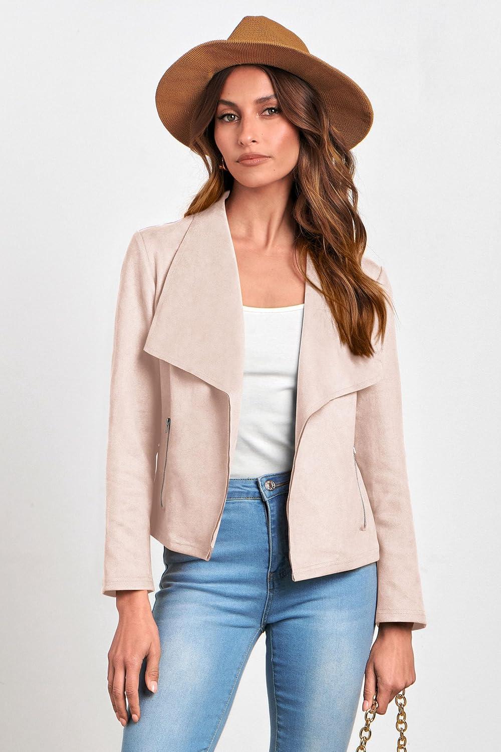 imagePRETTYGARDEN Womens Faux Suede Jackets 2026 Fashion Fall Clothes Long Sleeve Open Front Cropped Coat OutwearBeige Apricot