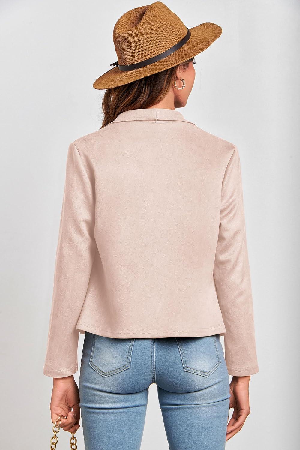 imagePRETTYGARDEN Womens Faux Suede Jackets 2026 Fashion Fall Clothes Long Sleeve Open Front Cropped Coat OutwearBeige Apricot