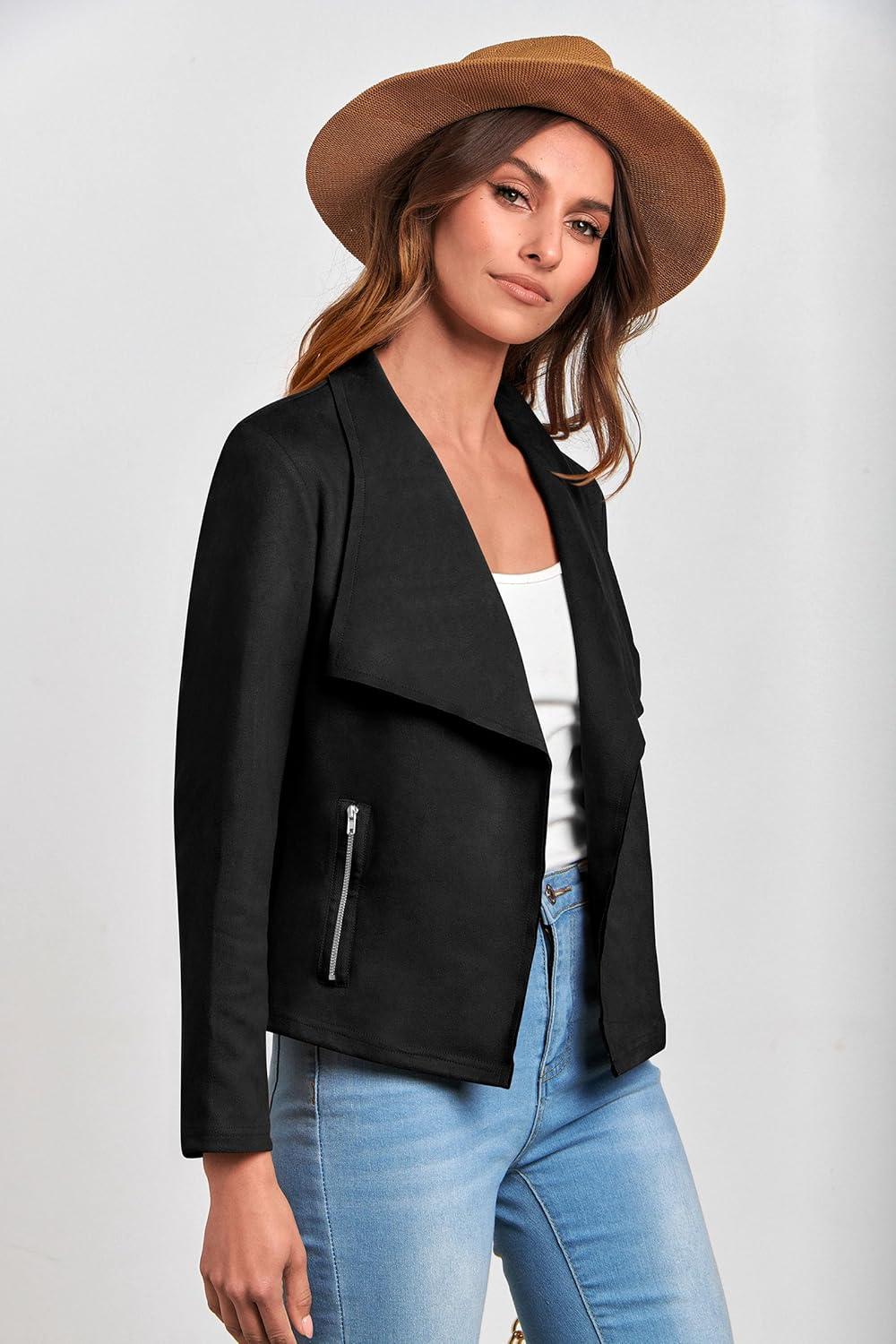 imagePRETTYGARDEN Womens Faux Suede Jackets 2026 Fashion Fall Clothes Long Sleeve Open Front Cropped Coat OutwearBlack