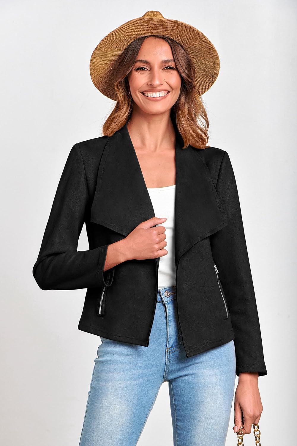 imagePRETTYGARDEN Womens Faux Suede Jackets 2026 Fashion Fall Clothes Long Sleeve Open Front Cropped Coat OutwearBlack