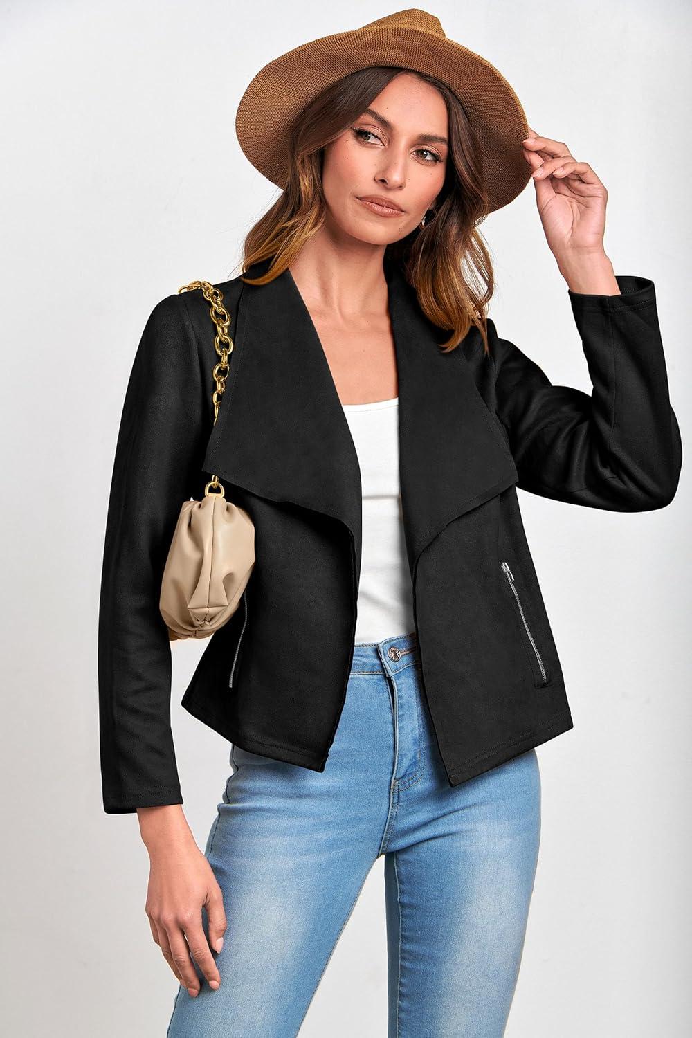 imagePRETTYGARDEN Womens Faux Suede Jackets 2026 Fashion Fall Clothes Long Sleeve Open Front Cropped Coat OutwearBlack