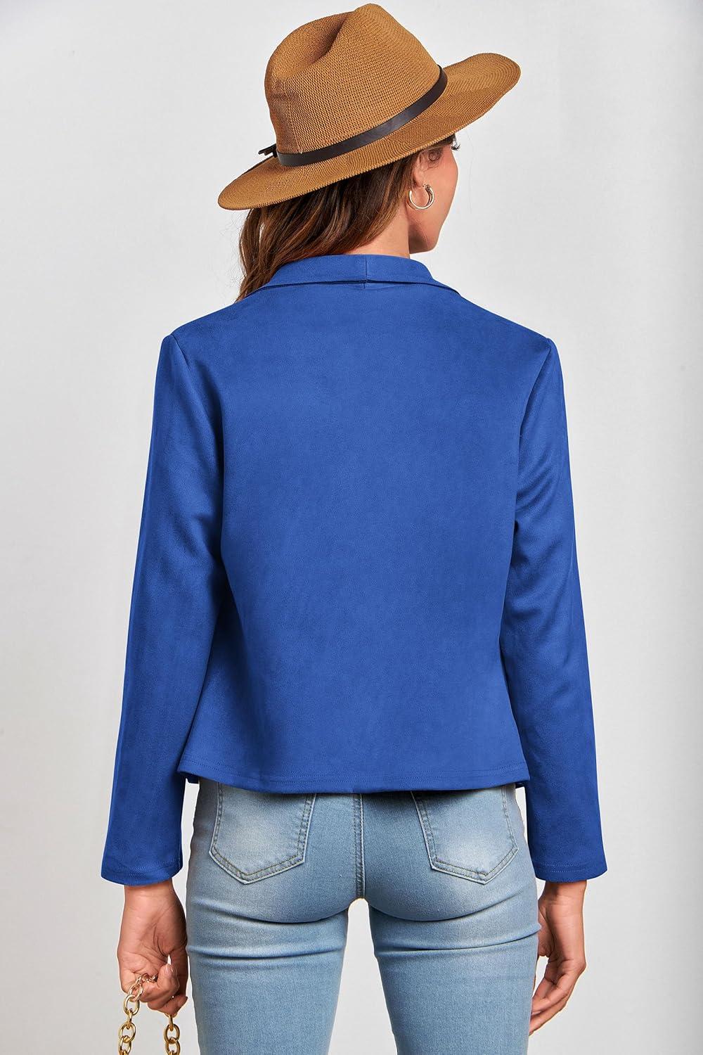 imagePRETTYGARDEN Womens Faux Suede Jackets 2026 Fashion Fall Clothes Long Sleeve Open Front Cropped Coat OutwearBlue