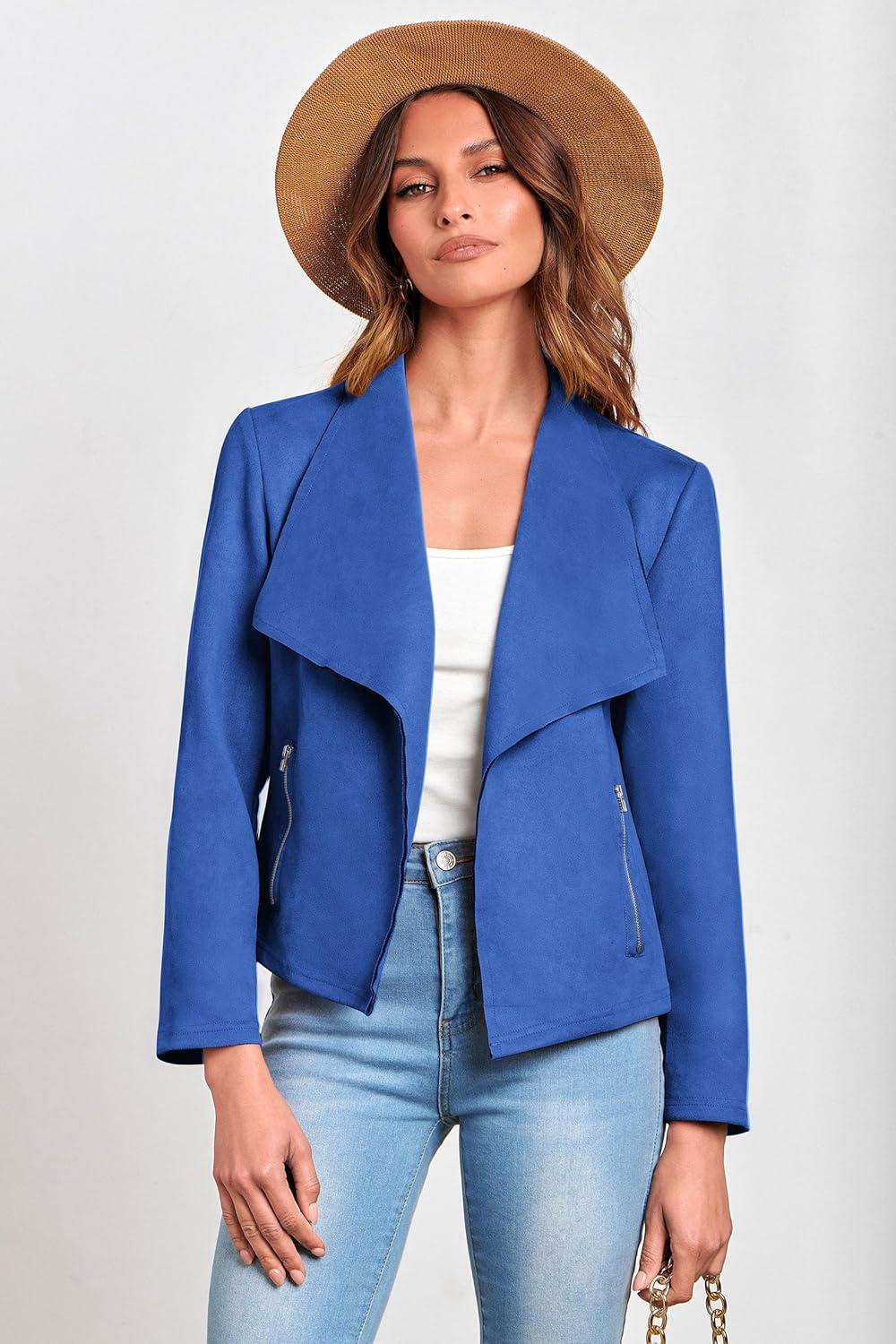 imagePRETTYGARDEN Womens Faux Suede Jackets 2026 Fashion Fall Clothes Long Sleeve Open Front Cropped Coat OutwearBlue