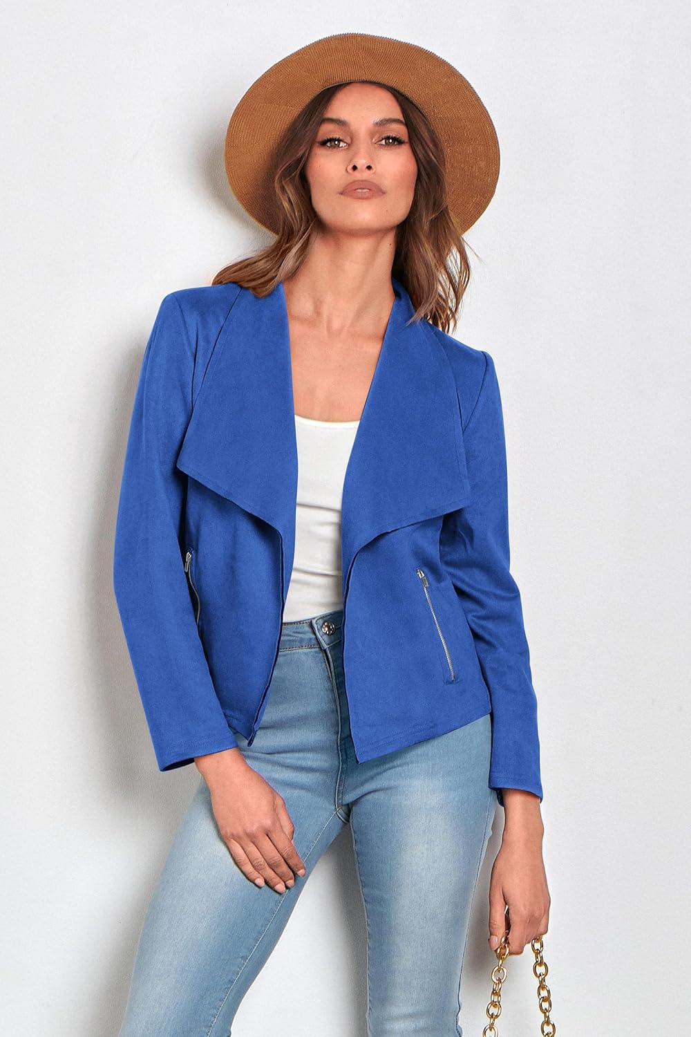imagePRETTYGARDEN Womens Faux Suede Jackets 2026 Fashion Fall Clothes Long Sleeve Open Front Cropped Coat OutwearBlue