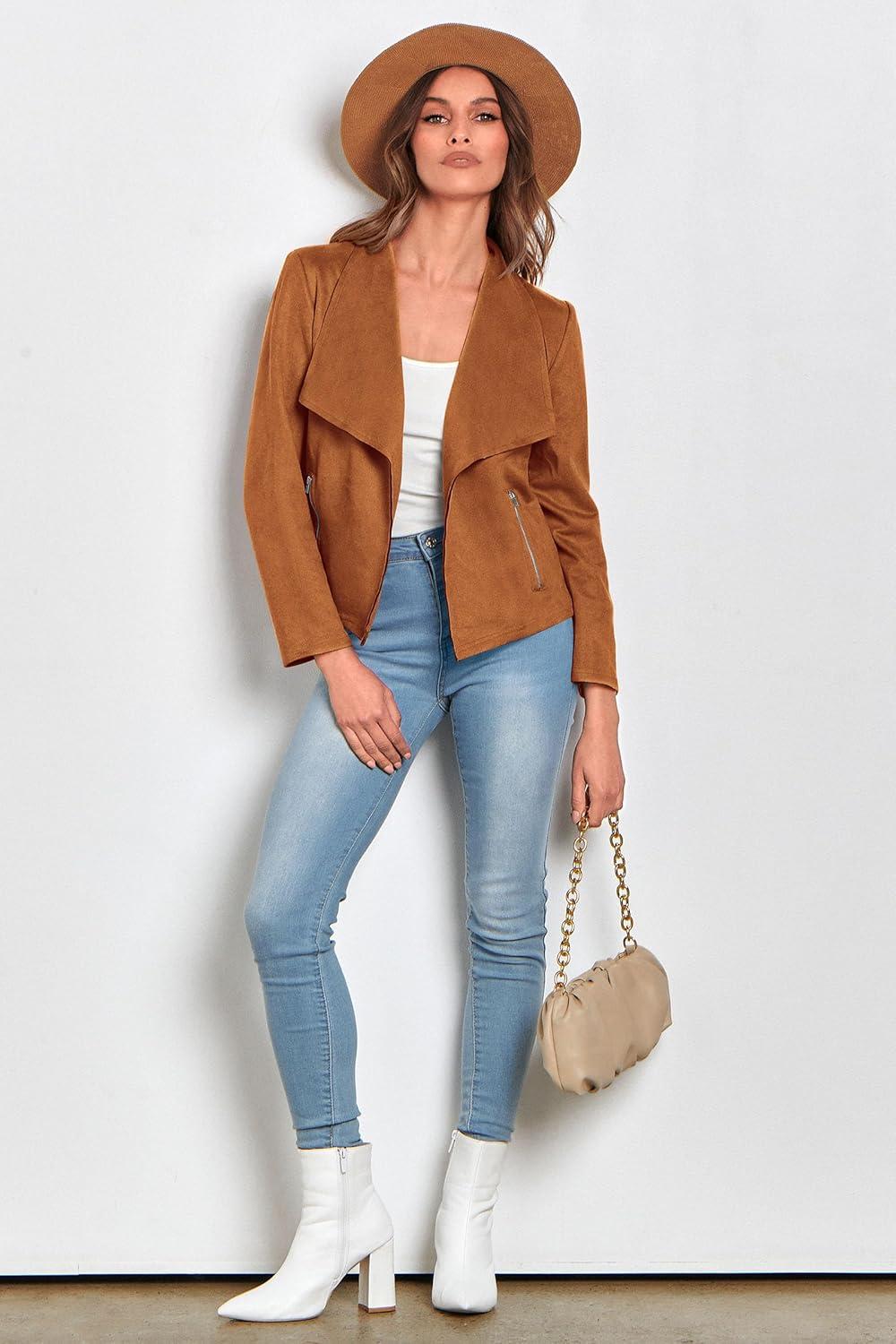 imagePRETTYGARDEN Womens Faux Suede Jackets 2026 Fashion Fall Clothes Long Sleeve Open Front Cropped Coat OutwearBrown