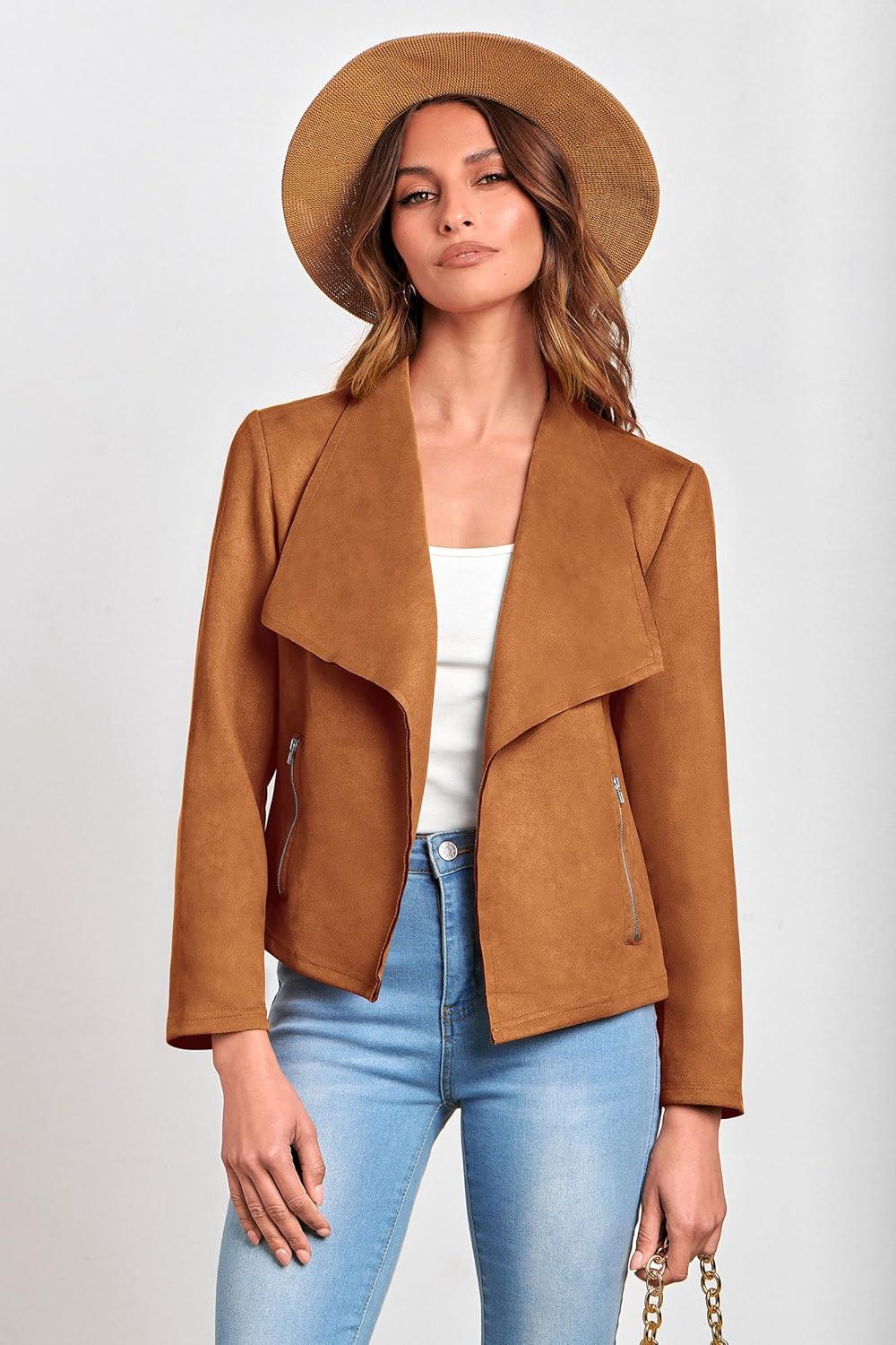 imagePRETTYGARDEN Womens Faux Suede Jackets 2026 Fashion Fall Clothes Long Sleeve Open Front Cropped Coat OutwearBrown