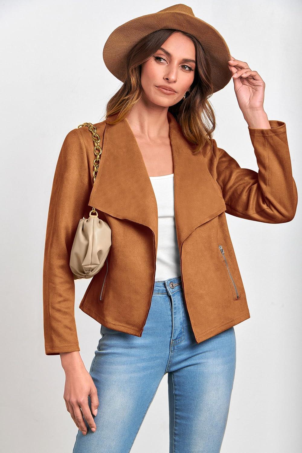 imagePRETTYGARDEN Womens Faux Suede Jackets 2026 Fashion Fall Clothes Long Sleeve Open Front Cropped Coat OutwearBrown
