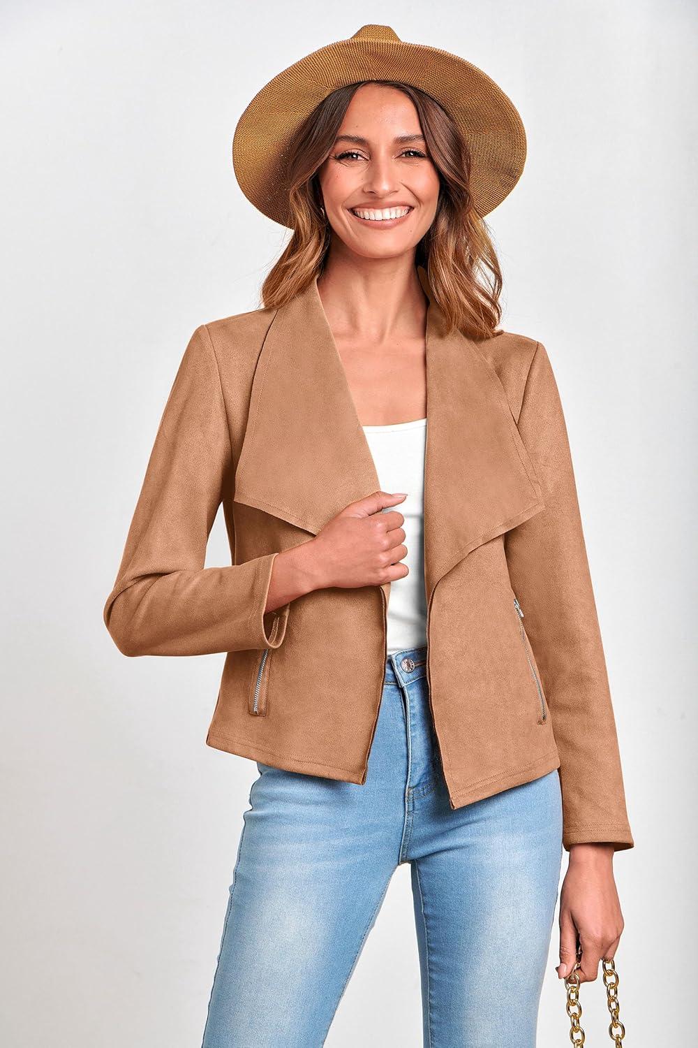 imagePRETTYGARDEN Womens Faux Suede Jackets 2026 Fashion Fall Clothes Long Sleeve Open Front Cropped Coat OutwearCamel