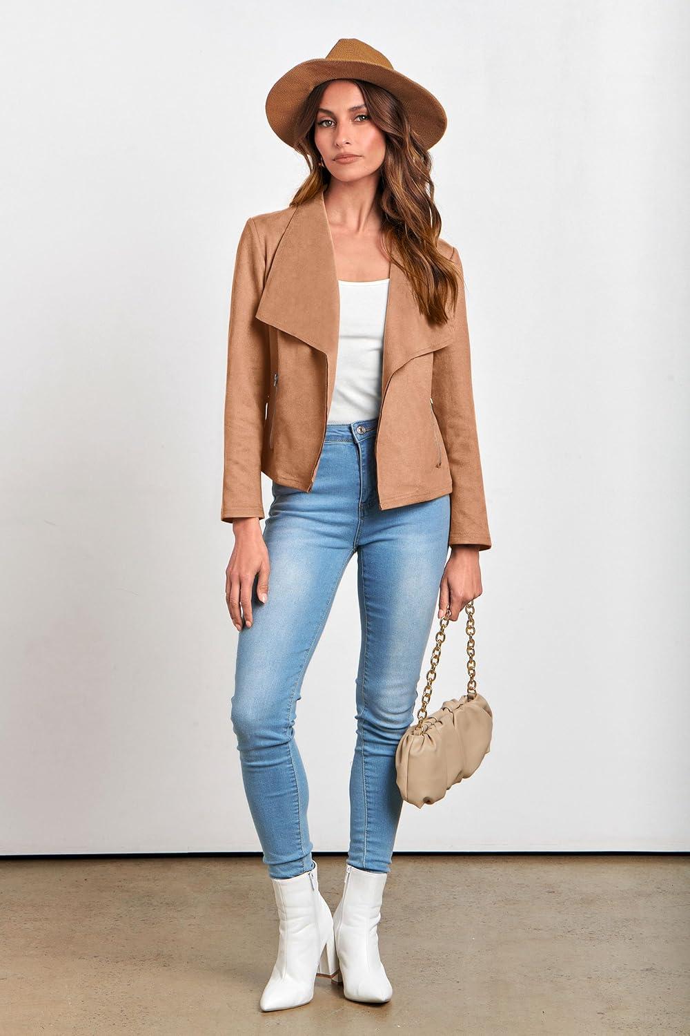 imagePRETTYGARDEN Womens Faux Suede Jackets 2026 Fashion Fall Clothes Long Sleeve Open Front Cropped Coat OutwearCamel