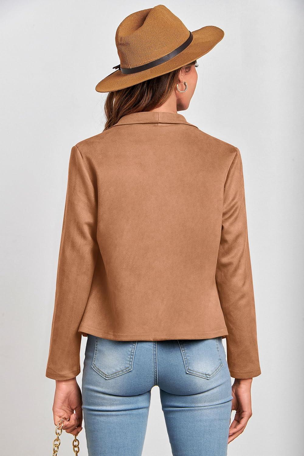 imagePRETTYGARDEN Womens Faux Suede Jackets 2026 Fashion Fall Clothes Long Sleeve Open Front Cropped Coat OutwearCamel