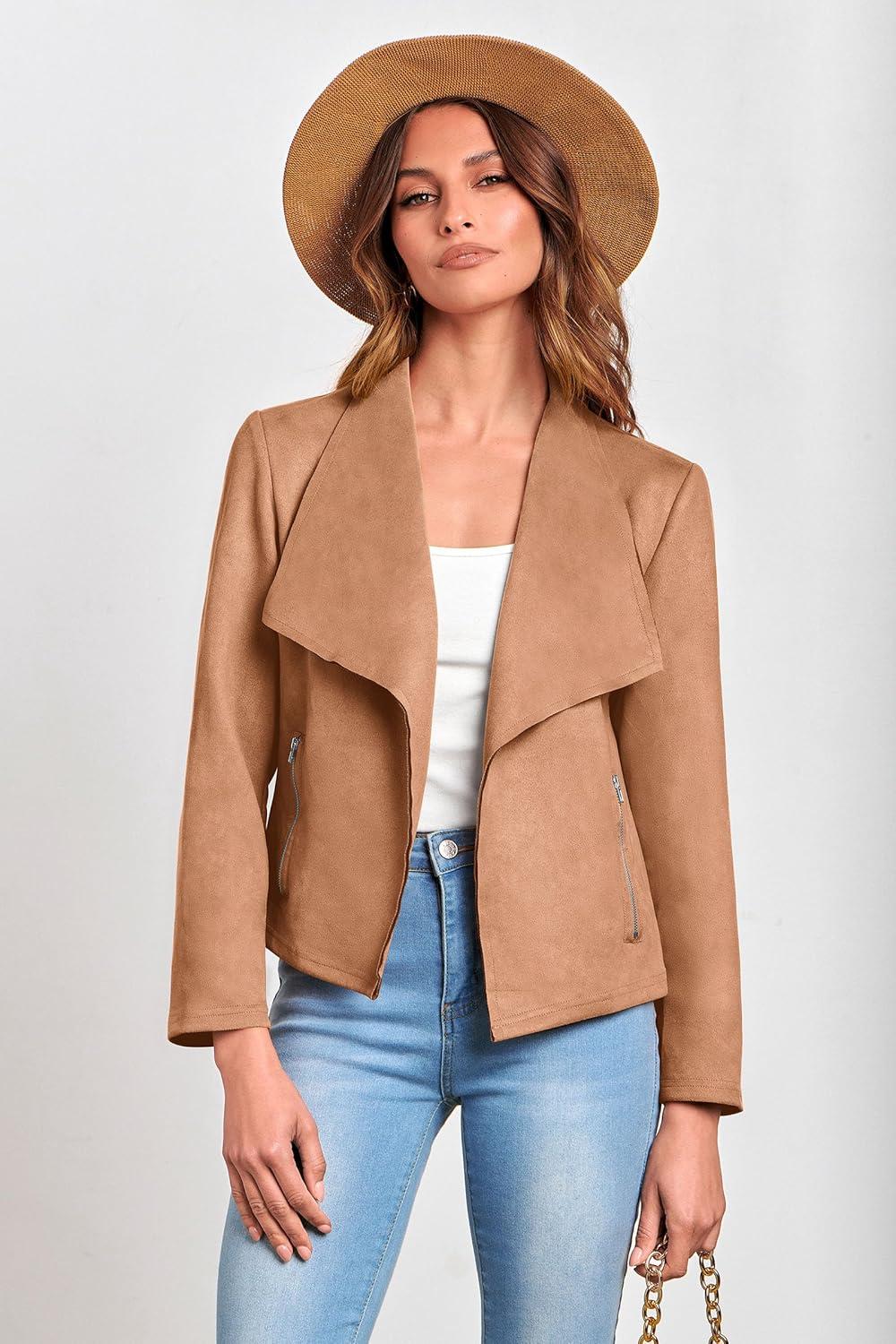 imagePRETTYGARDEN Womens Faux Suede Jackets 2026 Fashion Fall Clothes Long Sleeve Open Front Cropped Coat OutwearCamel