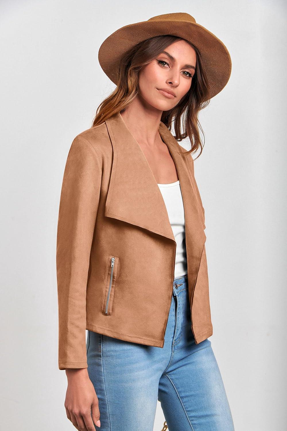 imagePRETTYGARDEN Womens Faux Suede Jackets 2026 Fashion Fall Clothes Long Sleeve Open Front Cropped Coat OutwearCamel