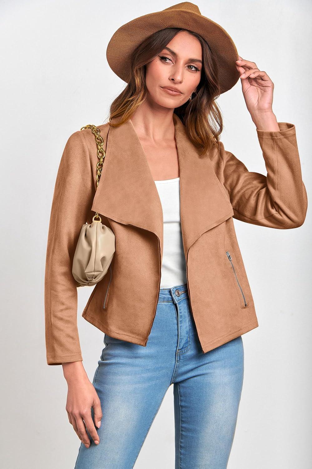 imagePRETTYGARDEN Womens Faux Suede Jackets 2026 Fashion Fall Clothes Long Sleeve Open Front Cropped Coat OutwearCamel