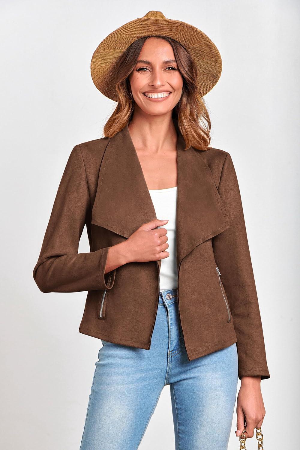 imagePRETTYGARDEN Womens Faux Suede Jackets 2026 Fashion Fall Clothes Long Sleeve Open Front Cropped Coat OutwearCoffee