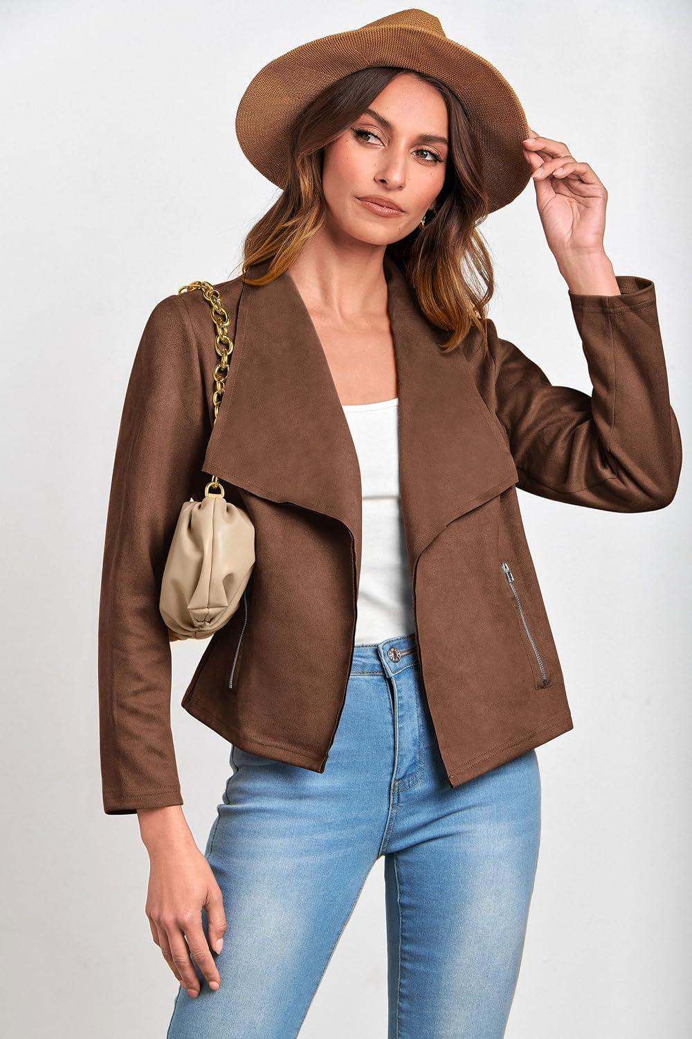 imagePRETTYGARDEN Womens Faux Suede Jackets 2026 Fashion Fall Clothes Long Sleeve Open Front Cropped Coat OutwearCoffee