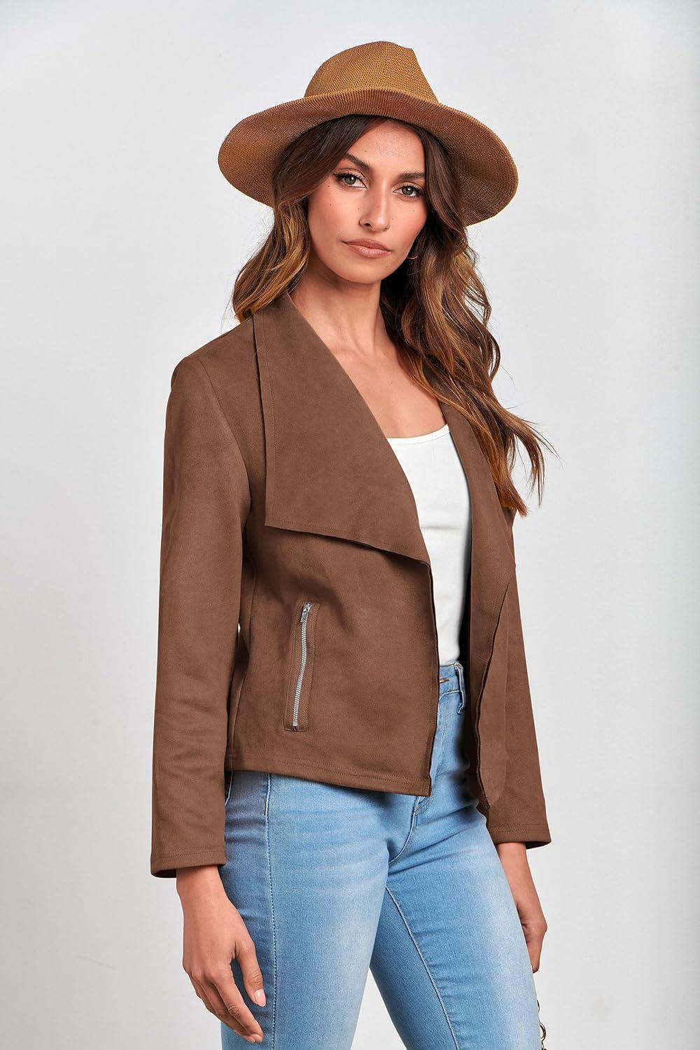 imagePRETTYGARDEN Womens Faux Suede Jackets 2026 Fashion Fall Clothes Long Sleeve Open Front Cropped Coat OutwearCoffee