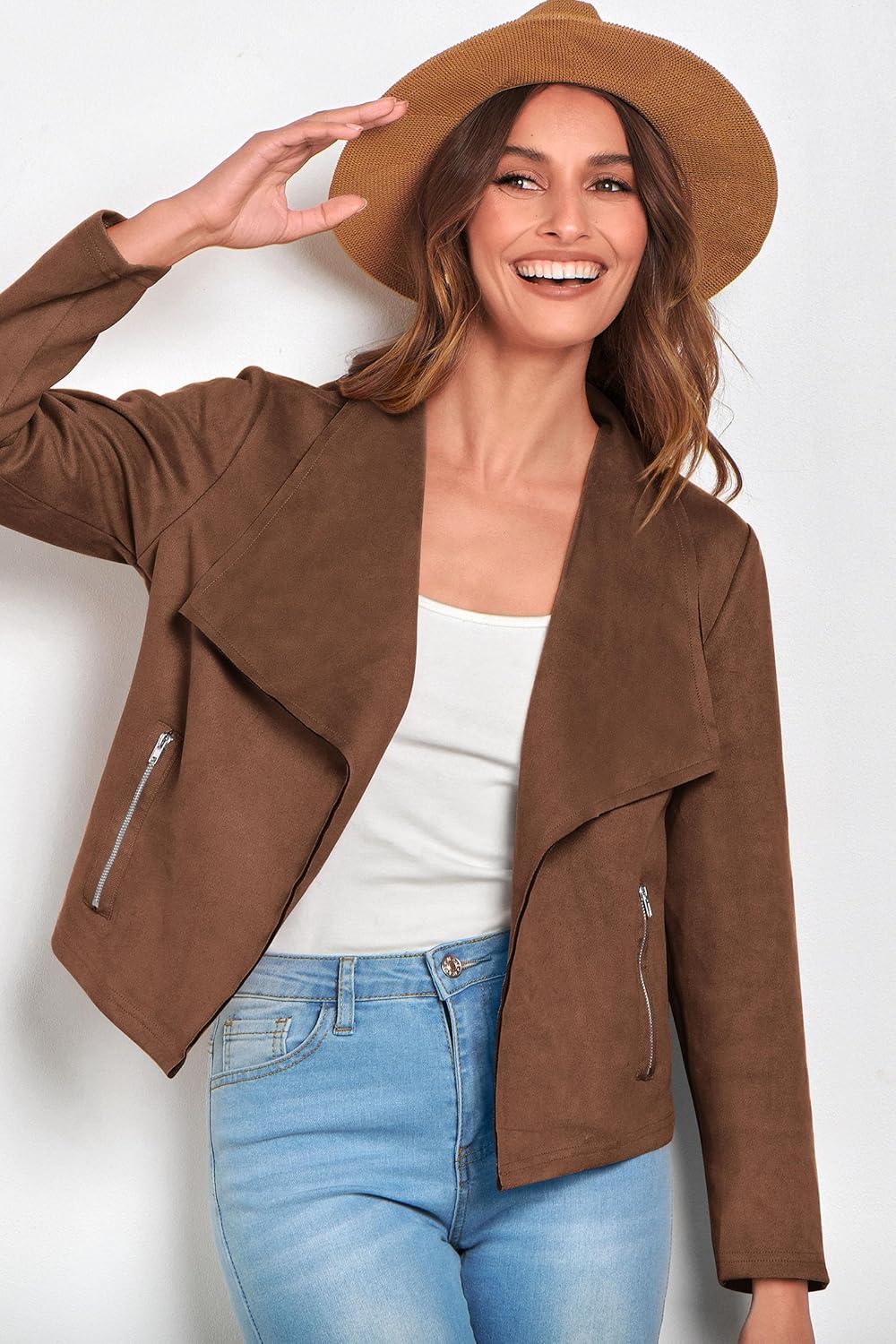 imagePRETTYGARDEN Womens Faux Suede Jackets 2026 Fashion Fall Clothes Long Sleeve Open Front Cropped Coat OutwearCoffee