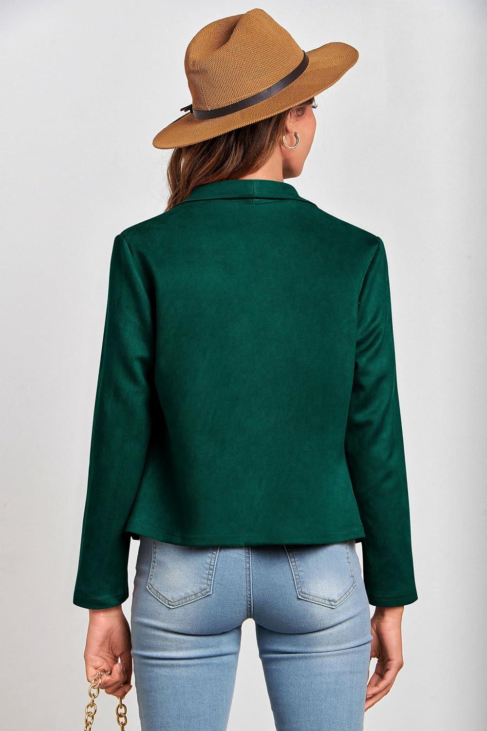 imagePRETTYGARDEN Womens Faux Suede Jackets 2026 Fashion Fall Clothes Long Sleeve Open Front Cropped Coat OutwearDark Green