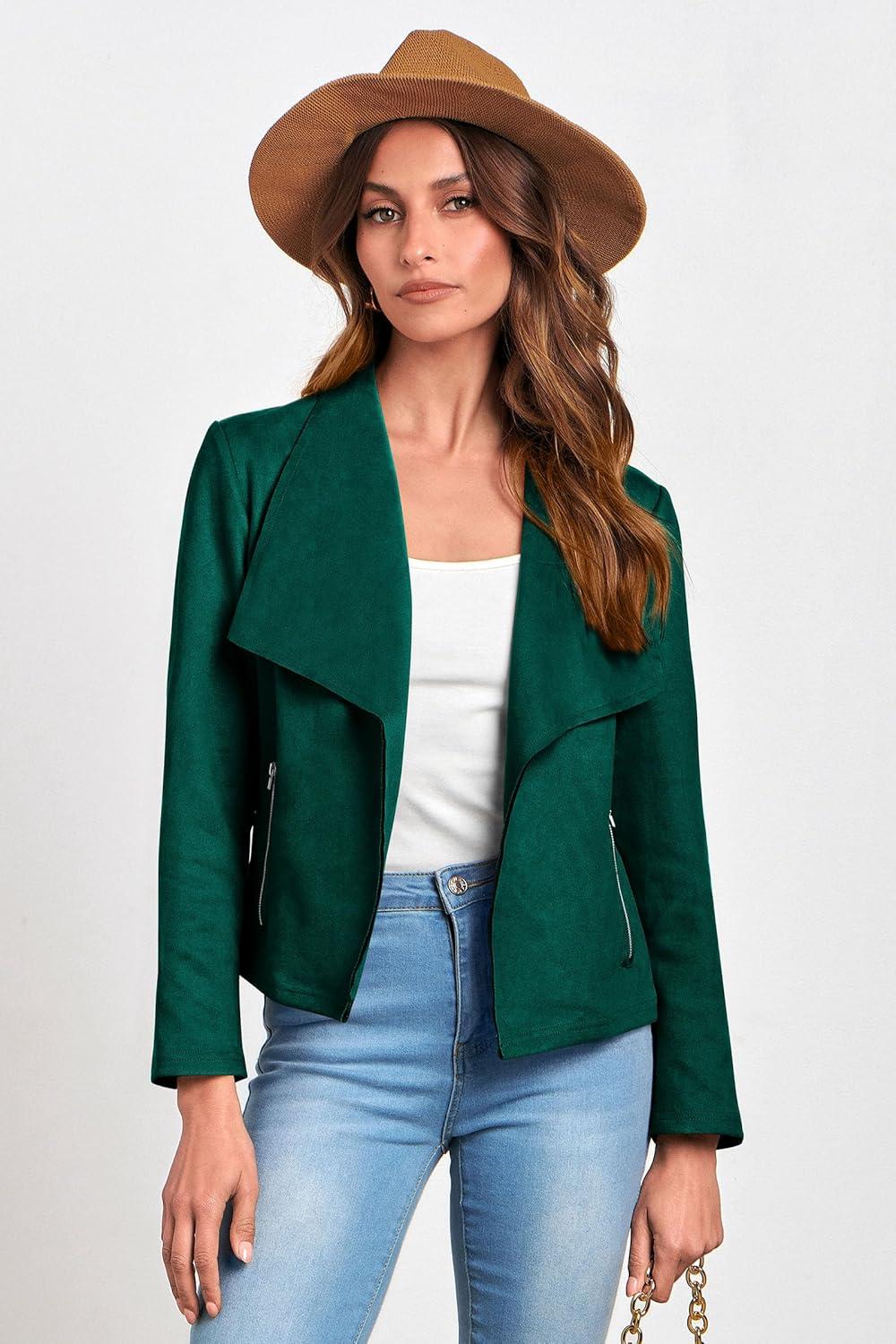 imagePRETTYGARDEN Womens Faux Suede Jackets 2026 Fashion Fall Clothes Long Sleeve Open Front Cropped Coat OutwearDark Green