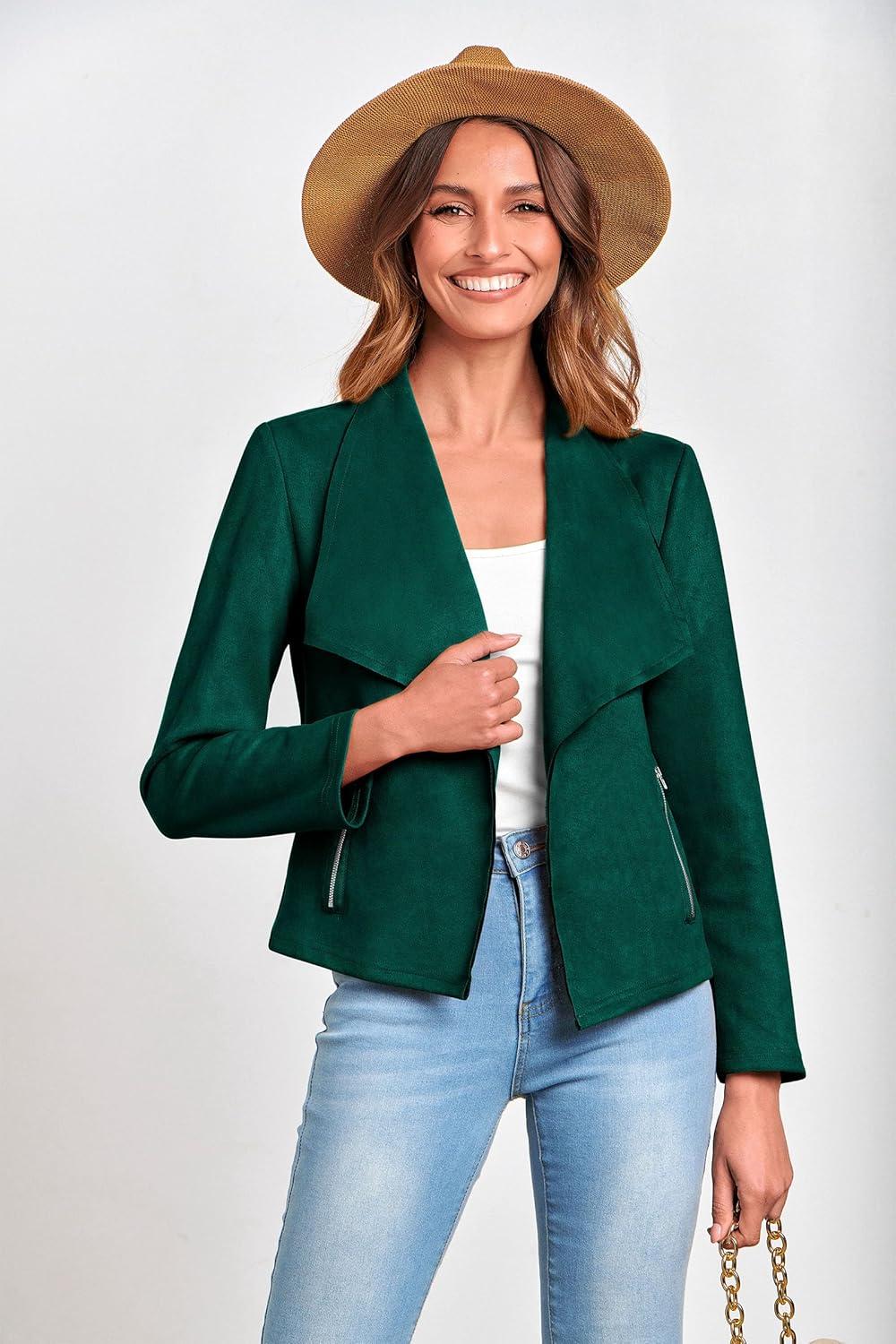 imagePRETTYGARDEN Womens Faux Suede Jackets 2026 Fashion Fall Clothes Long Sleeve Open Front Cropped Coat OutwearDark Green