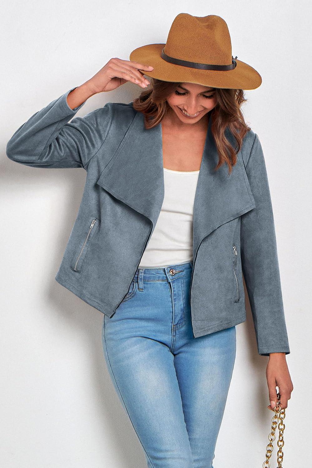 imagePRETTYGARDEN Womens Faux Suede Jackets 2026 Fashion Fall Clothes Long Sleeve Open Front Cropped Coat OutwearGrey Blue