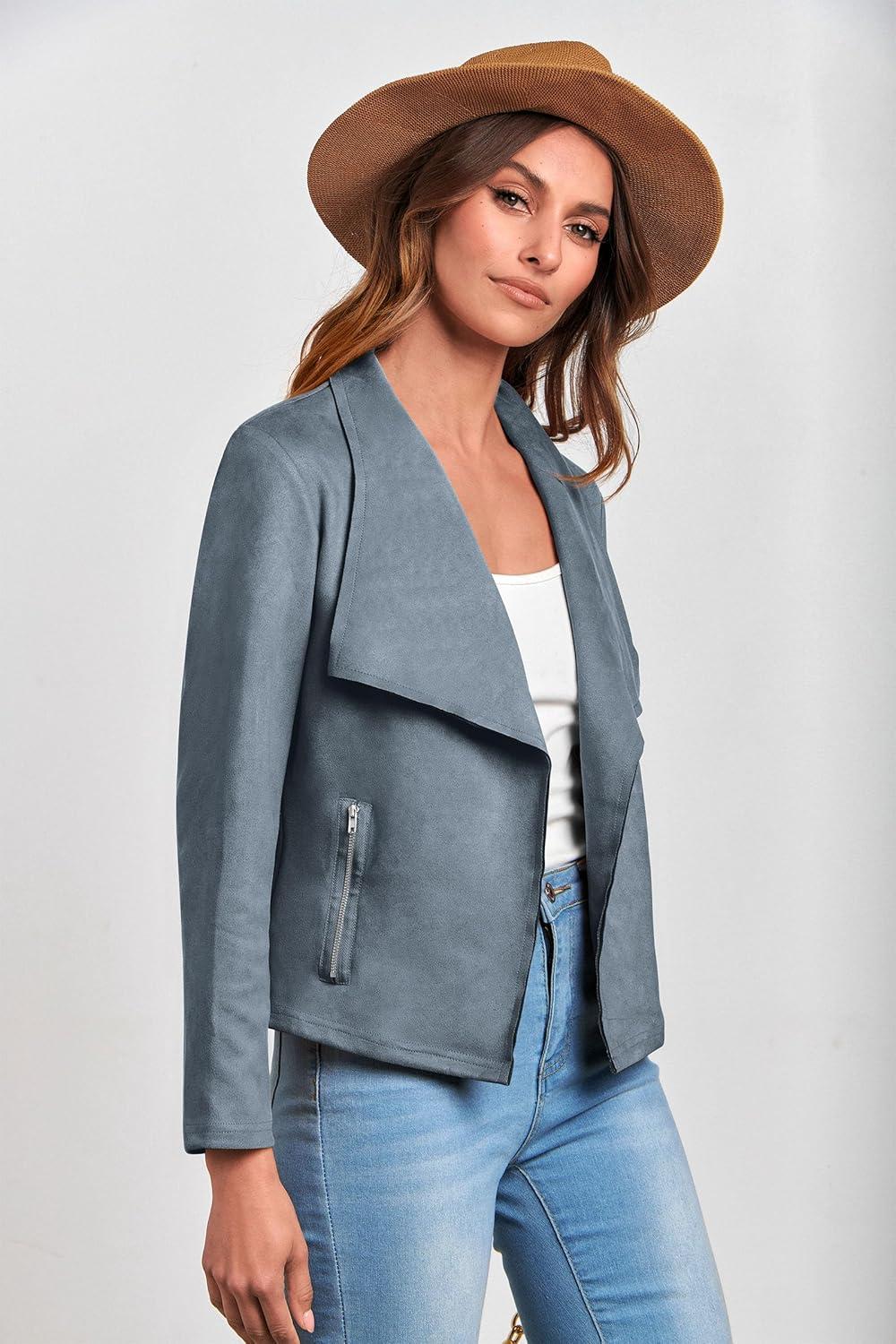 imagePRETTYGARDEN Womens Faux Suede Jackets 2026 Fashion Fall Clothes Long Sleeve Open Front Cropped Coat OutwearGrey Blue