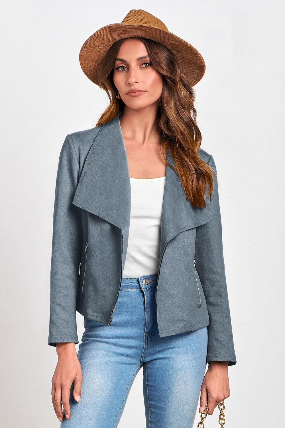 imagePRETTYGARDEN Womens Faux Suede Jackets 2026 Fashion Fall Clothes Long Sleeve Open Front Cropped Coat OutwearGrey Blue