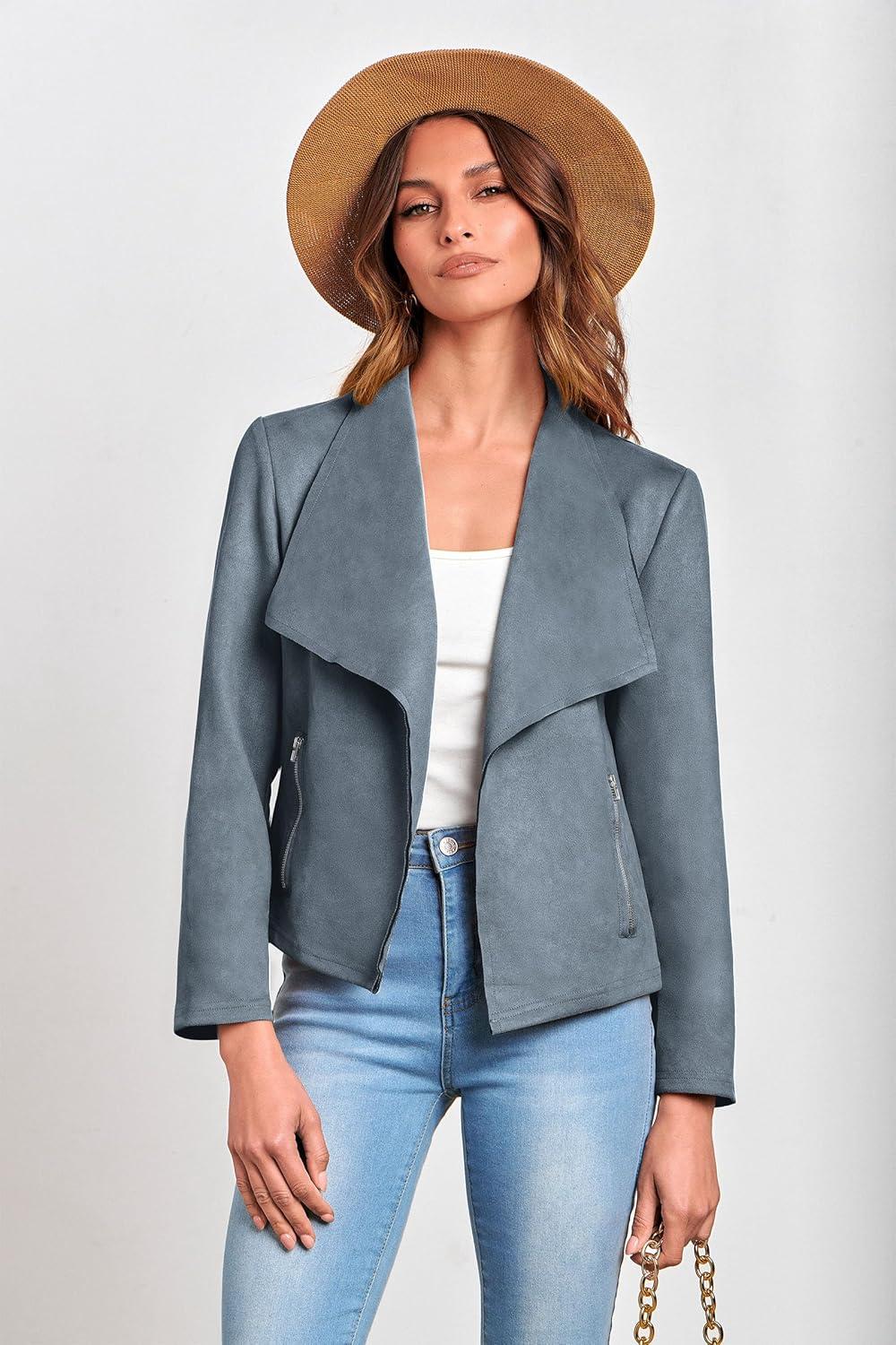 imagePRETTYGARDEN Womens Faux Suede Jackets 2026 Fashion Fall Clothes Long Sleeve Open Front Cropped Coat OutwearGrey Blue