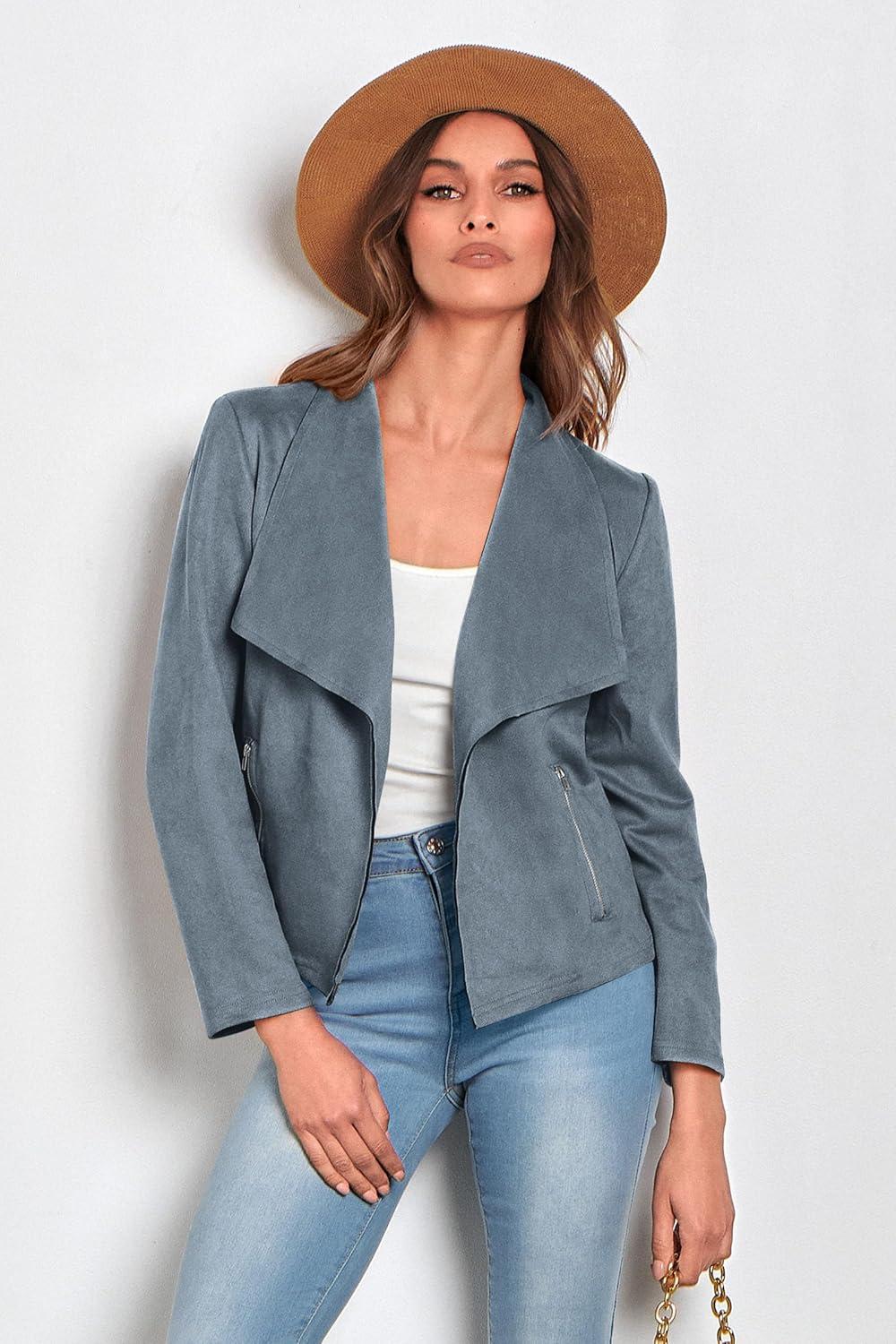 imagePRETTYGARDEN Womens Faux Suede Jackets 2026 Fashion Fall Clothes Long Sleeve Open Front Cropped Coat OutwearGrey Blue