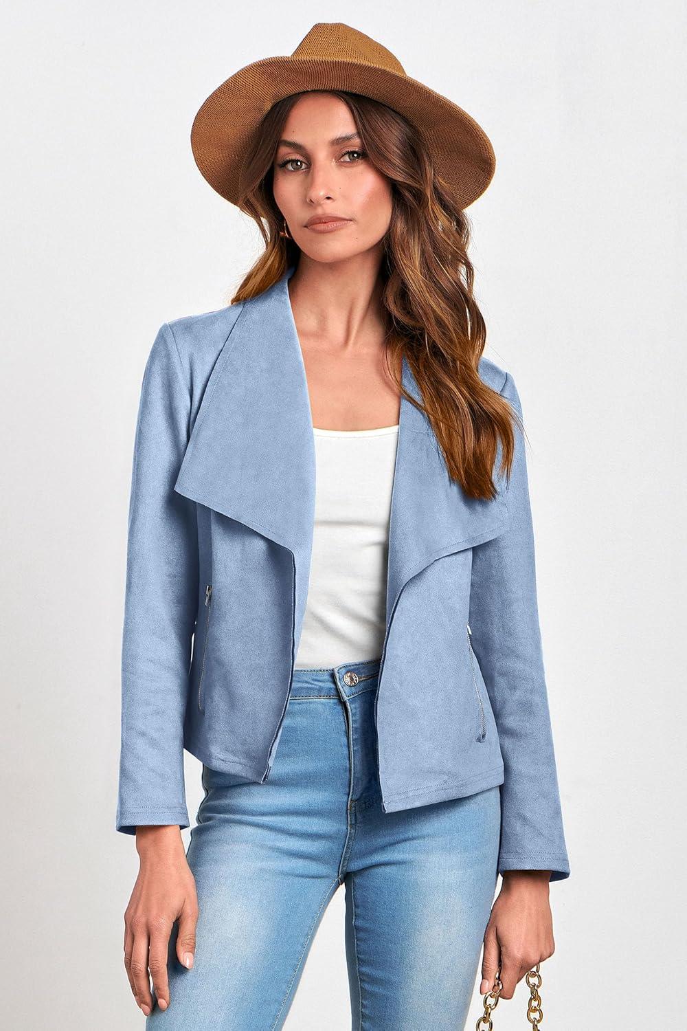 imagePRETTYGARDEN Womens Faux Suede Jackets 2026 Fashion Fall Clothes Long Sleeve Open Front Cropped Coat OutwearLight Blue