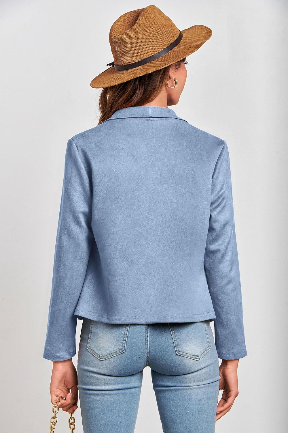 imagePRETTYGARDEN Womens Faux Suede Jackets 2026 Fashion Fall Clothes Long Sleeve Open Front Cropped Coat OutwearLight Blue