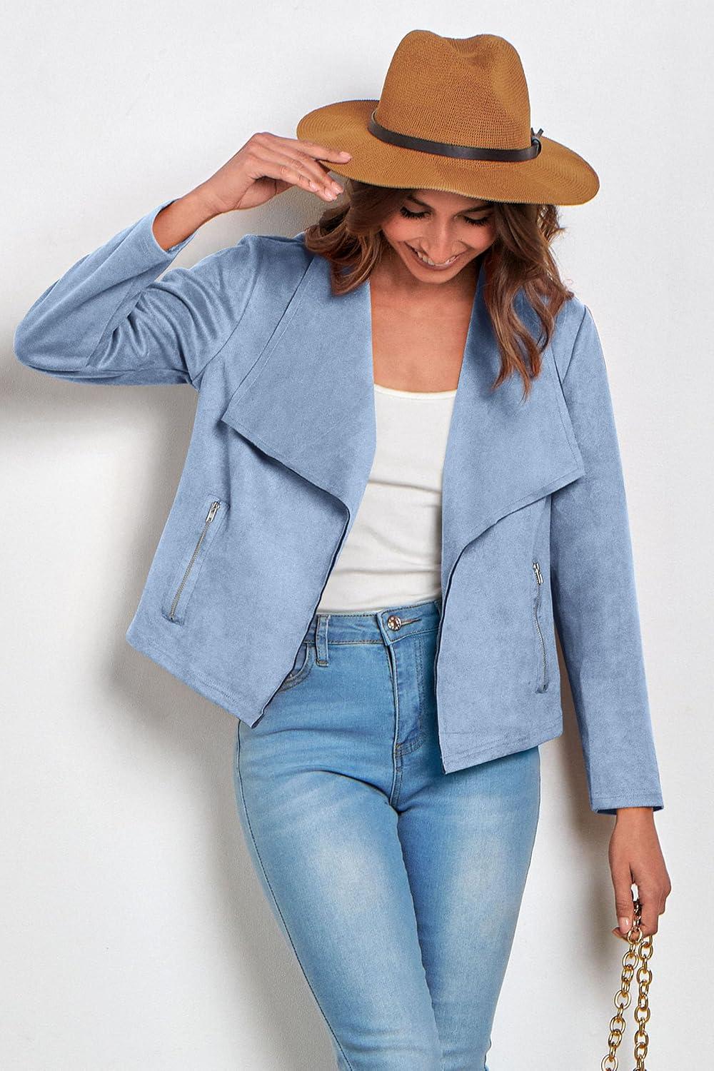 imagePRETTYGARDEN Womens Faux Suede Jackets 2026 Fashion Fall Clothes Long Sleeve Open Front Cropped Coat OutwearLight Blue