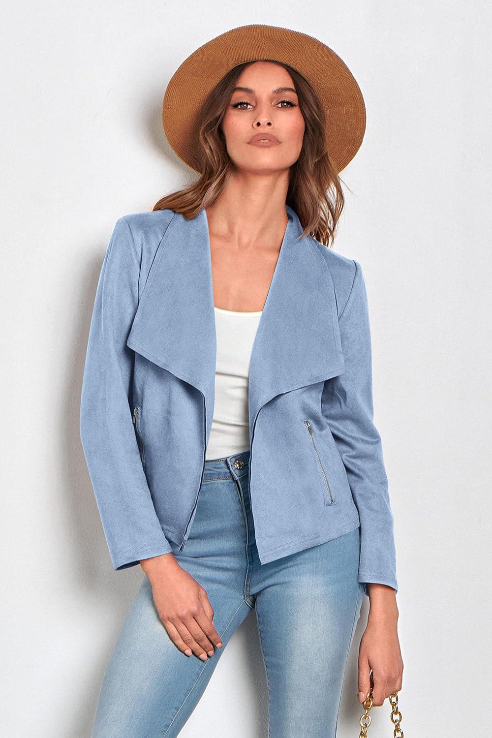 imagePRETTYGARDEN Womens Faux Suede Jackets 2026 Fashion Fall Clothes Long Sleeve Open Front Cropped Coat OutwearLight Blue