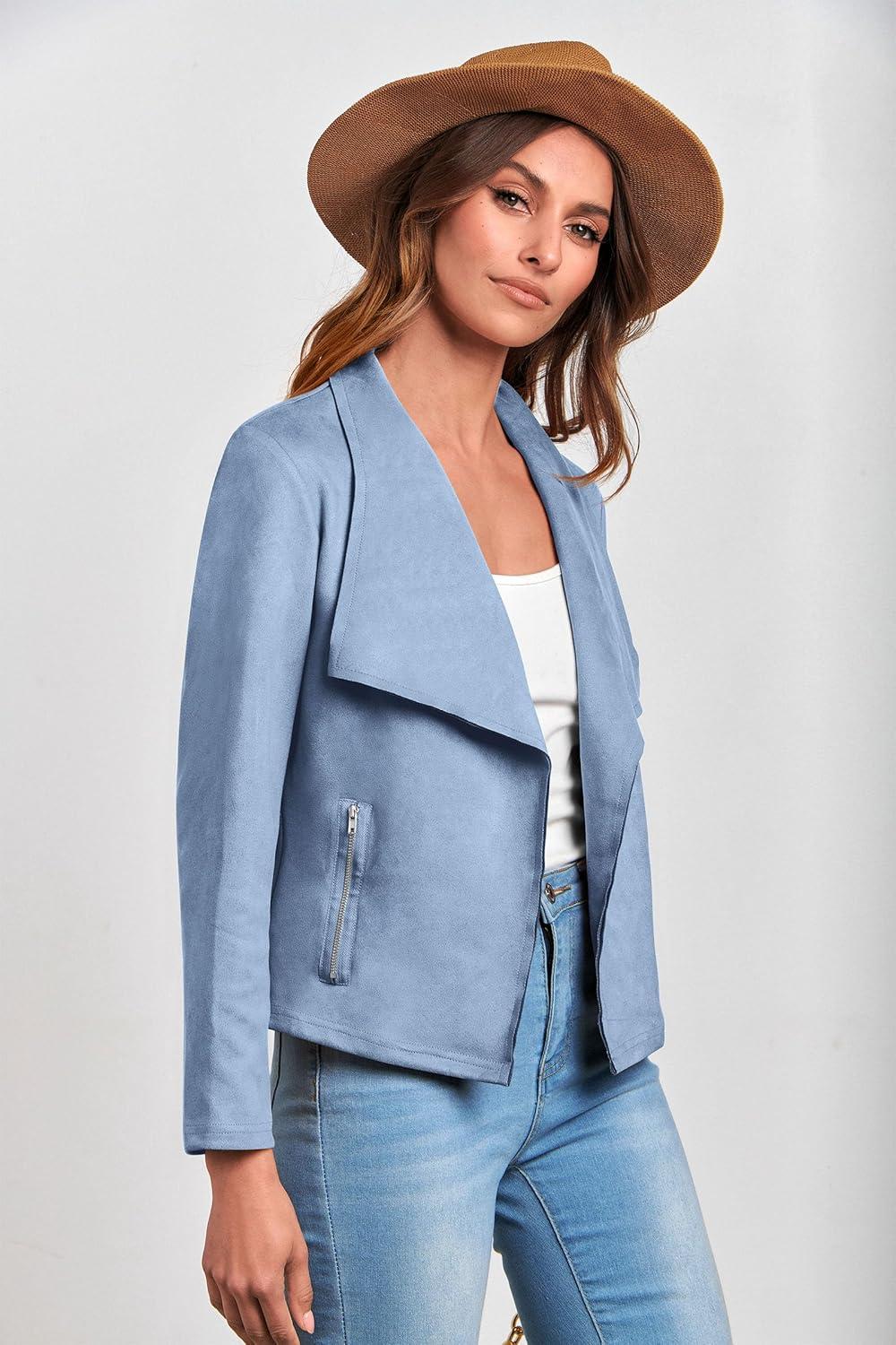 imagePRETTYGARDEN Womens Faux Suede Jackets 2026 Fashion Fall Clothes Long Sleeve Open Front Cropped Coat OutwearLight Blue