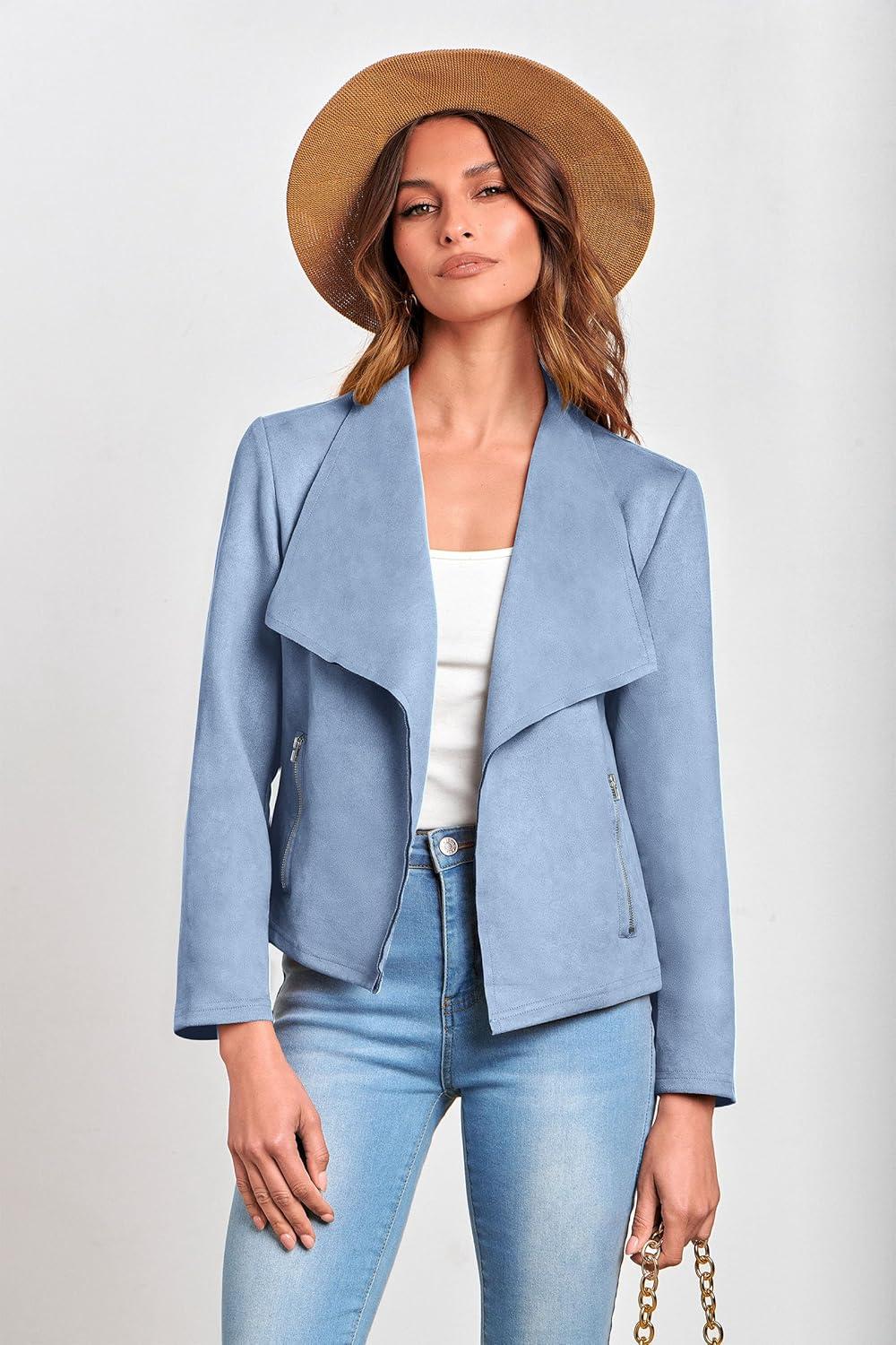 imagePRETTYGARDEN Womens Faux Suede Jackets 2026 Fashion Fall Clothes Long Sleeve Open Front Cropped Coat OutwearLight Blue