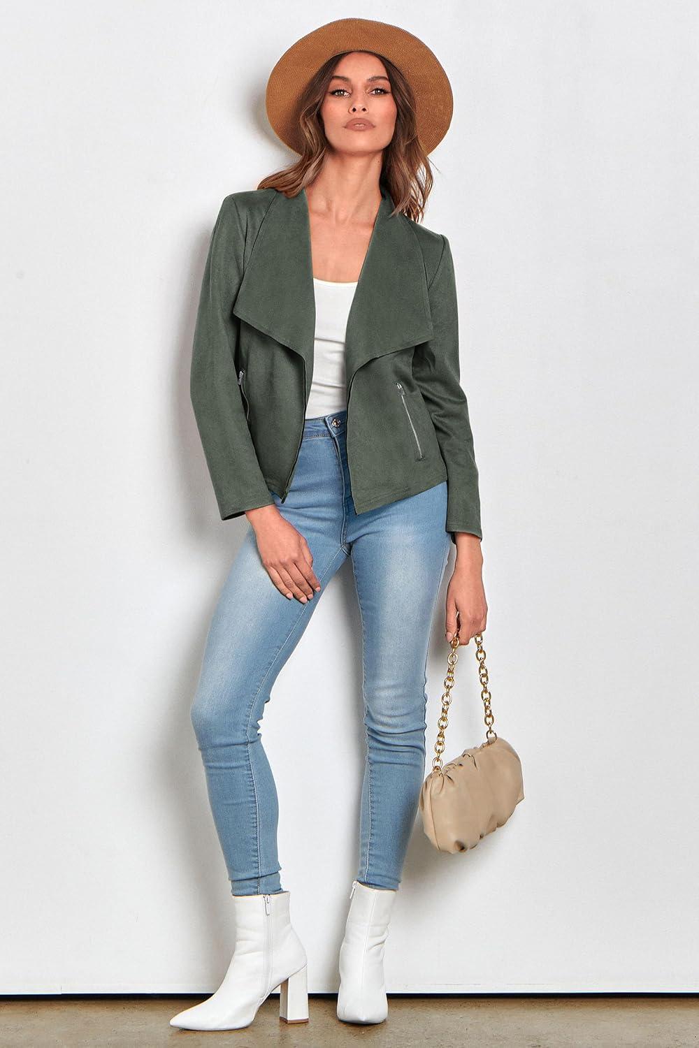imagePRETTYGARDEN Womens Faux Suede Jackets 2026 Fashion Fall Clothes Long Sleeve Open Front Cropped Coat OutwearLight Green
