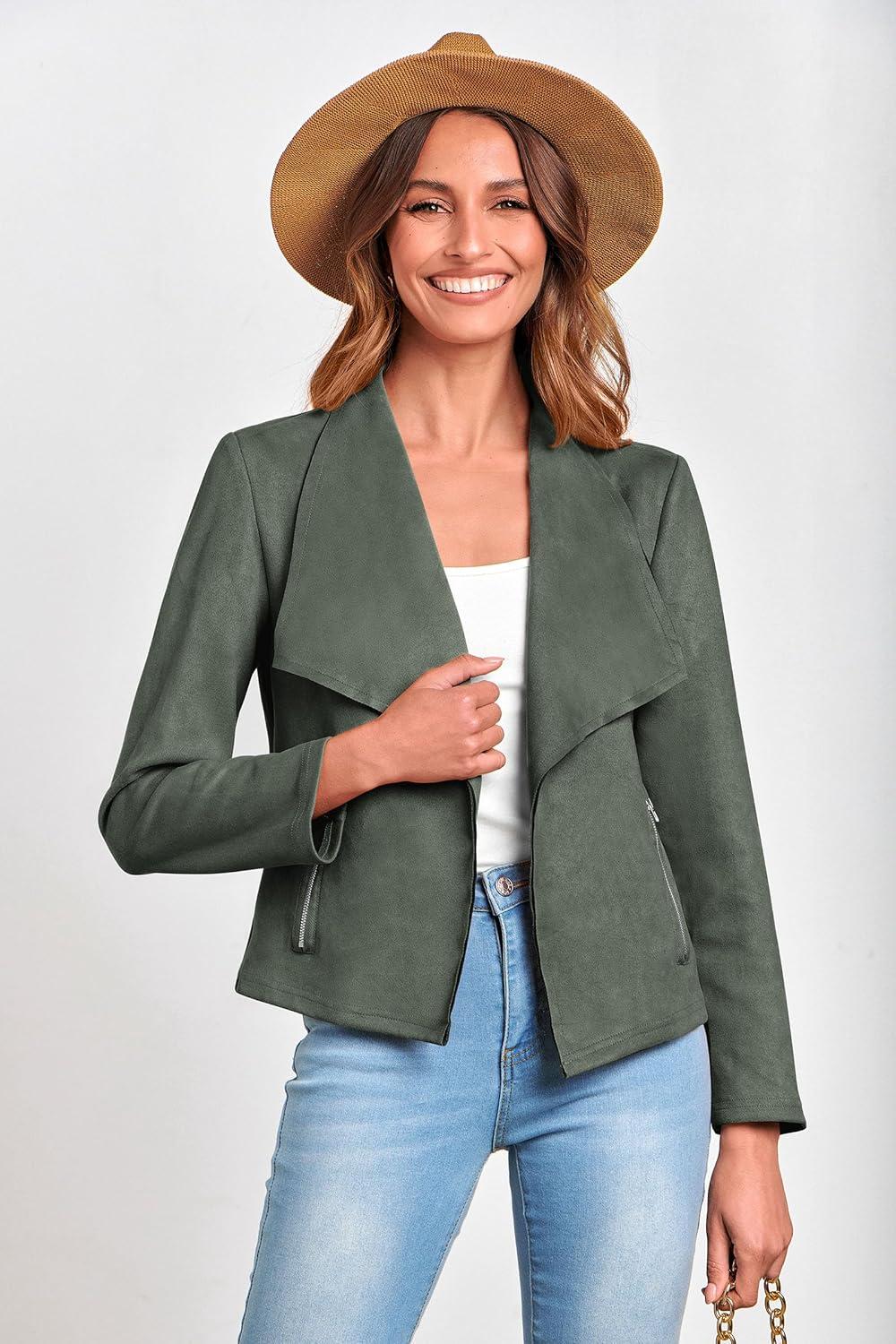 imagePRETTYGARDEN Womens Faux Suede Jackets 2026 Fashion Fall Clothes Long Sleeve Open Front Cropped Coat OutwearLight Green
