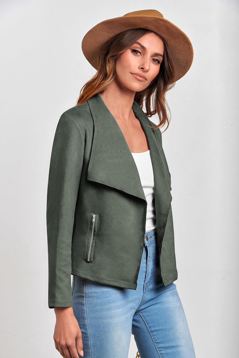 imagePRETTYGARDEN Womens Faux Suede Jackets 2026 Fashion Fall Clothes Long Sleeve Open Front Cropped Coat OutwearLight Green