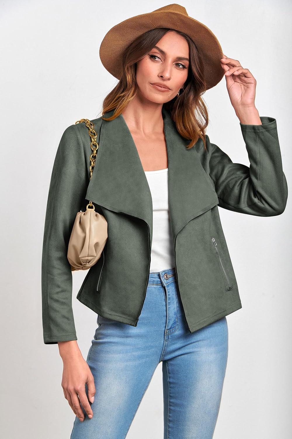 imagePRETTYGARDEN Womens Faux Suede Jackets 2026 Fashion Fall Clothes Long Sleeve Open Front Cropped Coat OutwearLight Green